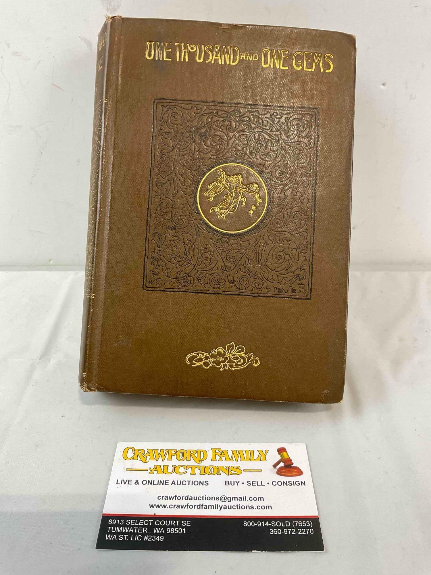 Antique Hardcover Leather-bound Book "A Thousand And One Gems." Fair Condition. See pics.: Antique Hardcover Leather-bound Book "A Thousand And One Gems." Fair Condition. Published 1884. Piece has wear indicative of use and age, otherwise looks to be in fair condition. Measures 6" x 8" x 1"