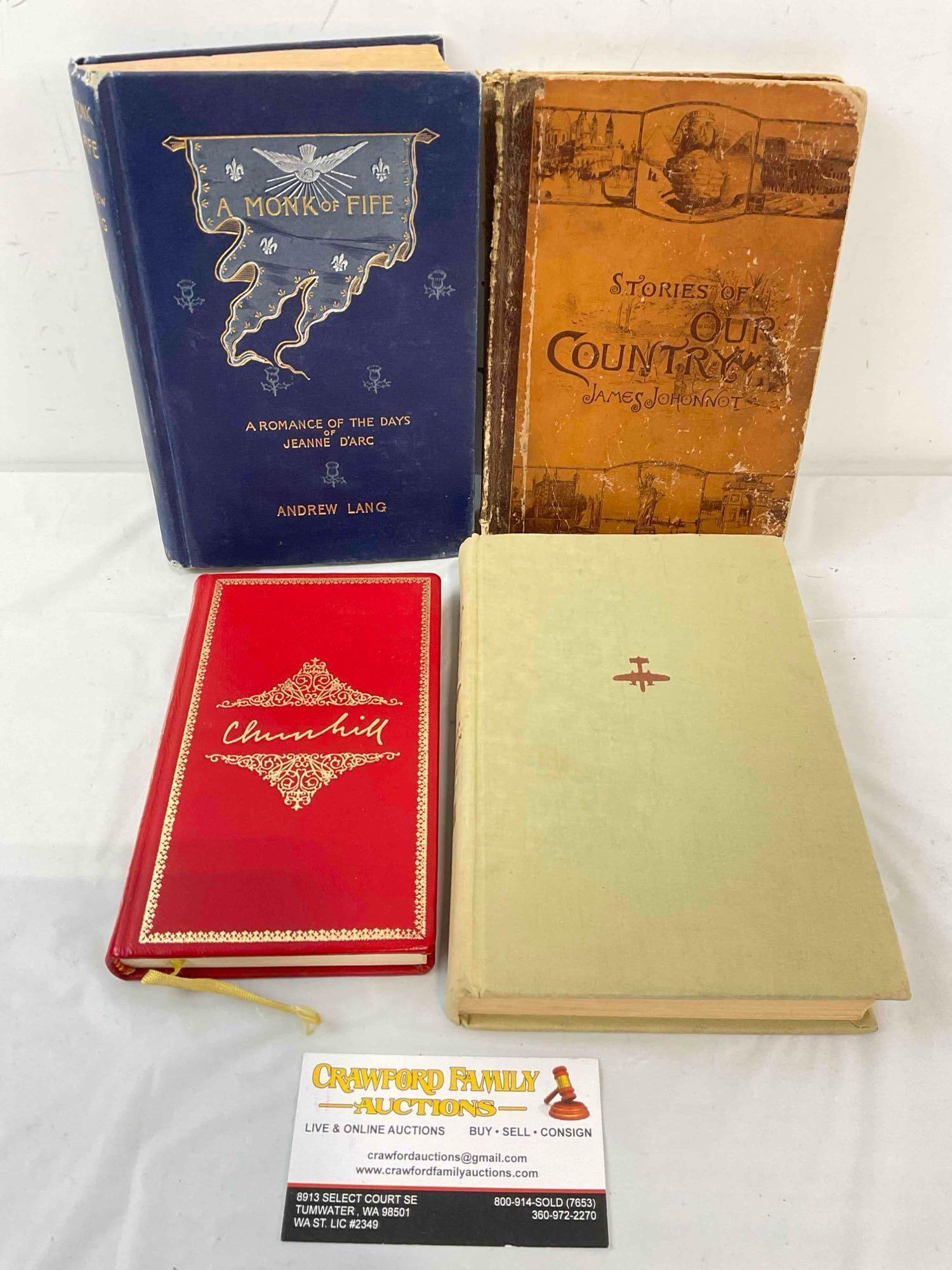 4 pcs Vintage Hardcover Books, incl. "My African Journey" by Winston Churchill & More! See pics.: 4 pcs Vintage Hardcover Books, incl. "My African Journey" by Winston Churchill & More! Also includes "A Monk of Fife" by Andrew Lang published 1887, "Stories of Our Country" by James Johnson publi