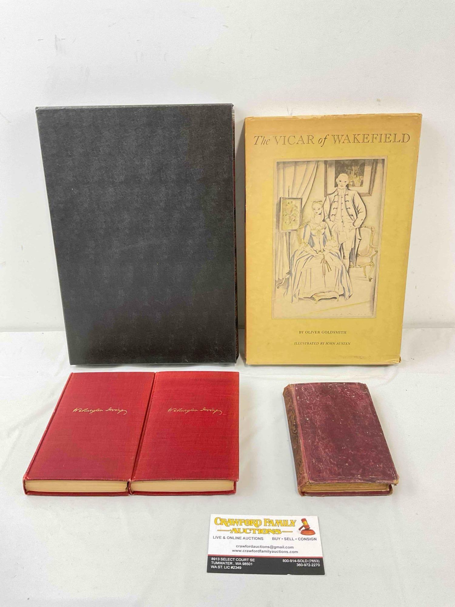 5 pcs Vintage Hardcover Books, incl. 2x "The Vicar of Wakefield" & 3x "The Alhambra.": 5 pcs Vintage Hardcover Books, incl. 2x "The Vicar of Wakefield" & 3x "The Alhambra." 1x Alhambra is leather bound, comes with sleeve, published 1969. 1x The Vicar of Wakefield comes with