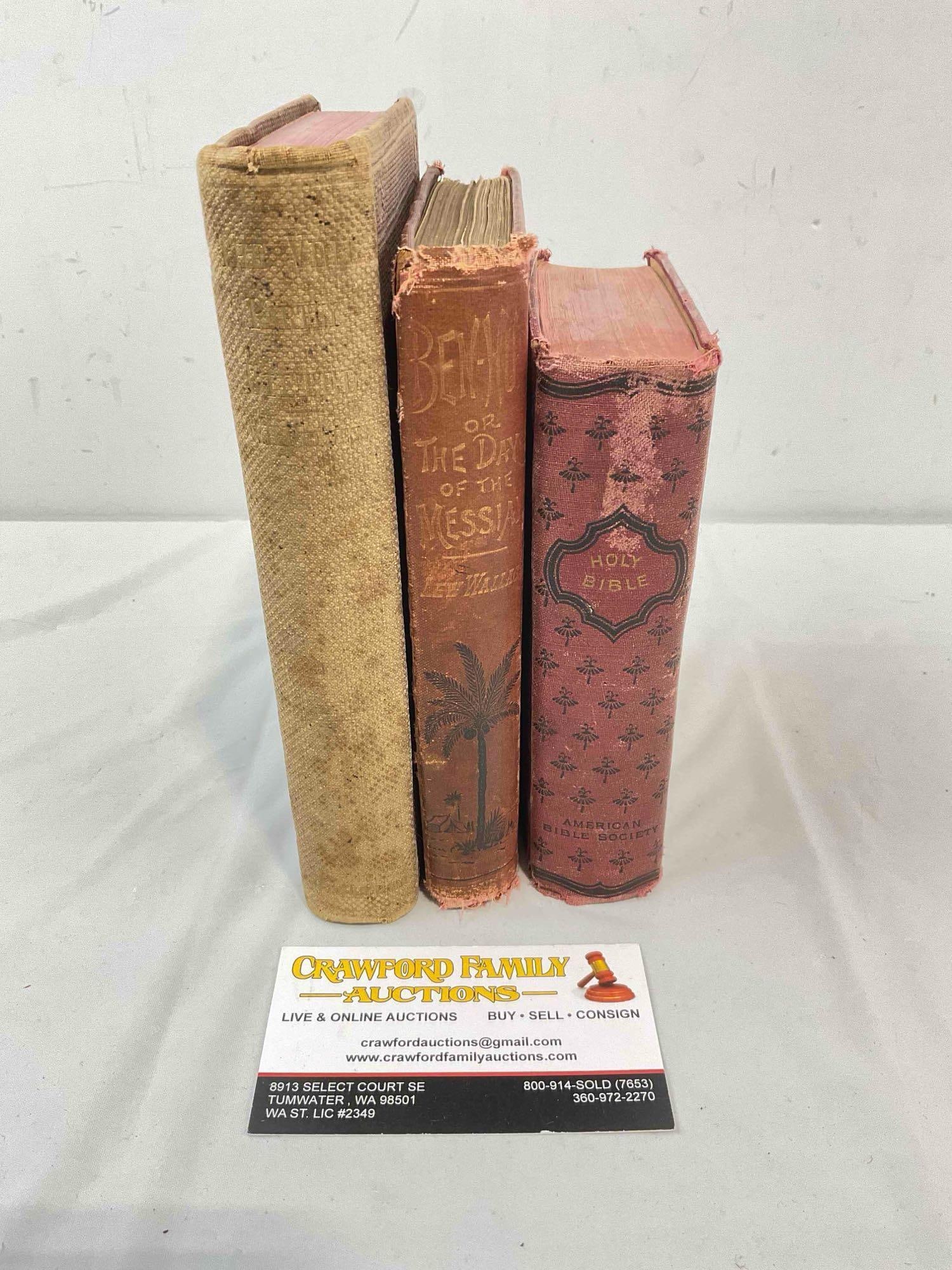 3 pcs Antique Hardcover Books, incl. "Ben-Hur", The Holy Bible & More! Fair Condition. See pics.: 3 pcs Antique Hardcover Books, incl. "Ben-Hur", The Holy Bible & More! fair Condition. Ben-Hur by Lee Wallace, published 1887. The Holy Bible, published 1895 & The Veil Partly Lifted &