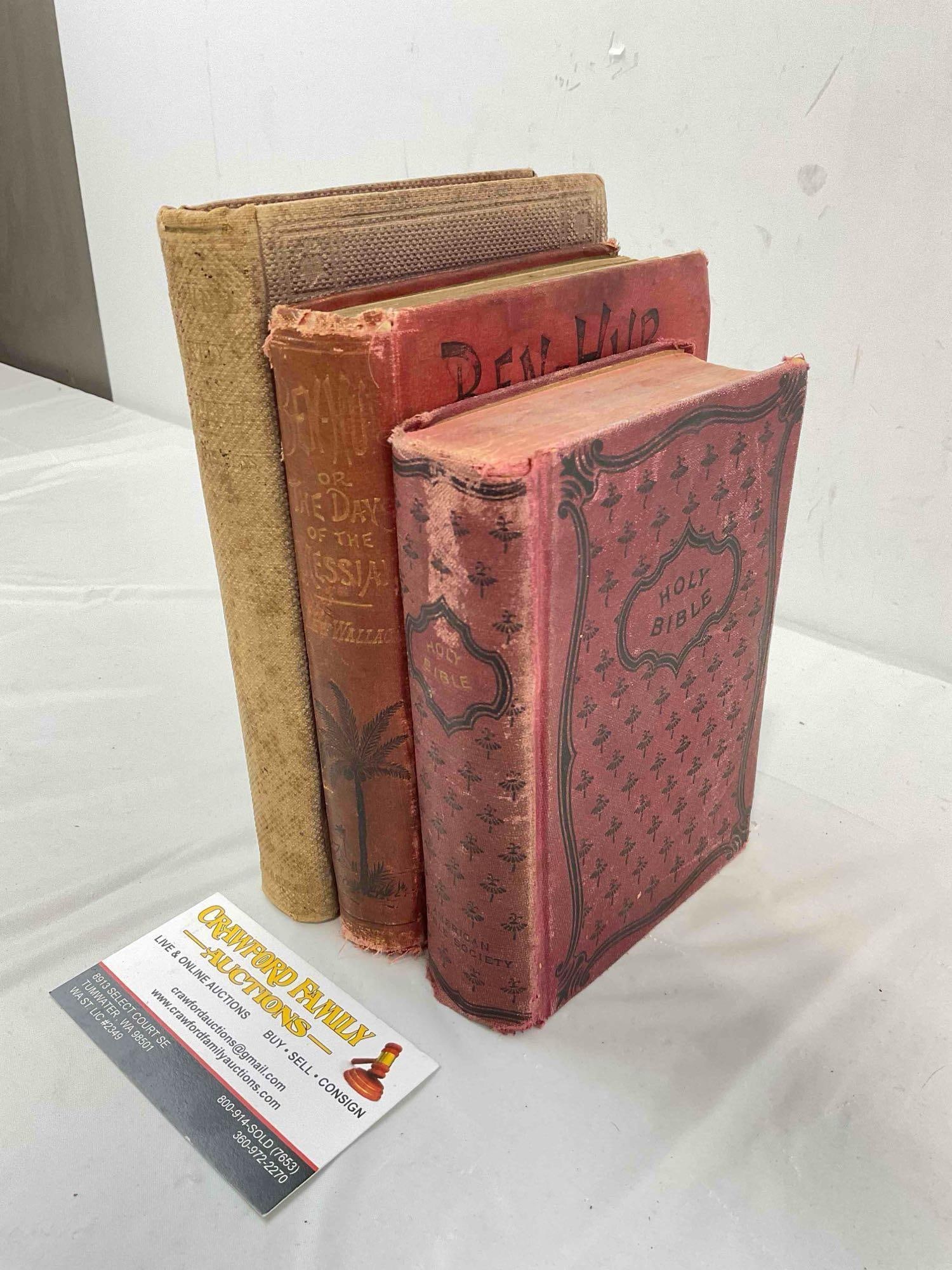 3 pcs Antique Hardcover Books, incl. "Ben-Hur", The Holy Bible & More! Fair Condition. See pics. - 3