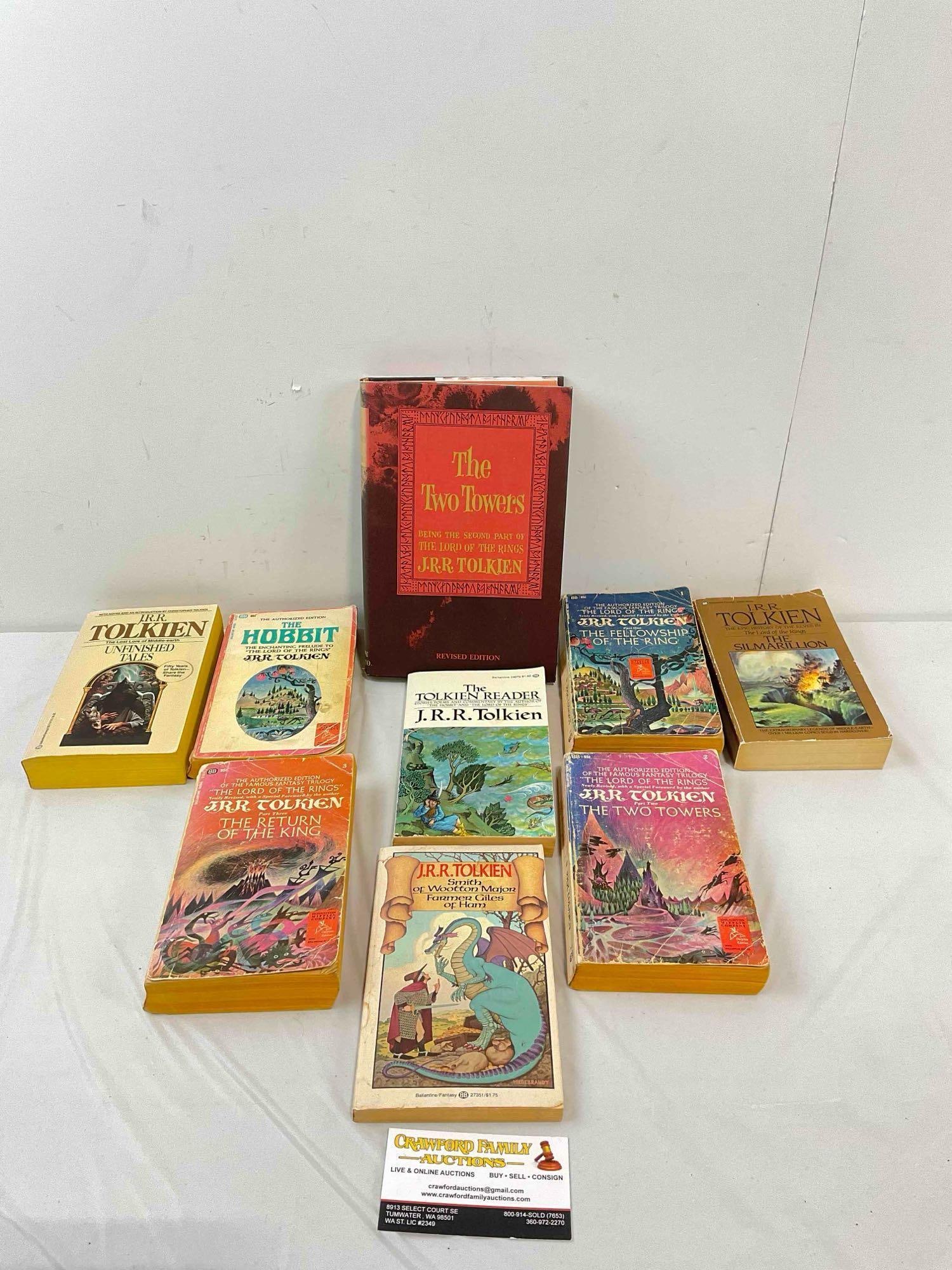 9 pcs Vintage J.R.R. Tolkien Books, incl. Hardcover "The Two Towers" & More! Fair Condition.: 9 pcs Vintage J.R.R. Tolkien Books, incl. Hardcover "The Two Towers" & More! Fair Condition. Publication dates range from 1960s-1980s. Pieces have wear indicative of age and use, condition is othe