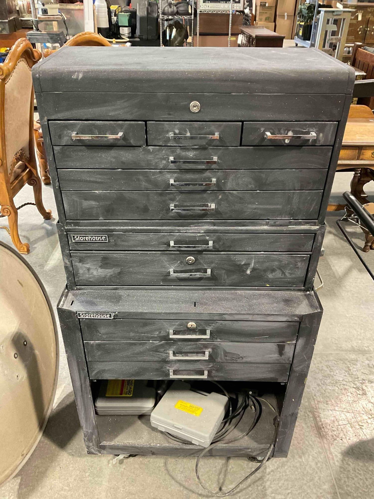 Storehouse Black Metal Rolling Tool Chest w/ 11 Drawers & Uncounted Tool Assortment. See pics.: Storehouse Black Metal Rolling Tool Chest w/ 11 Drawers & Uncounted Tool Assortment. With contents! Includes wood planes, chisels, calipers, wood carving set and much more! Has wear indicative of