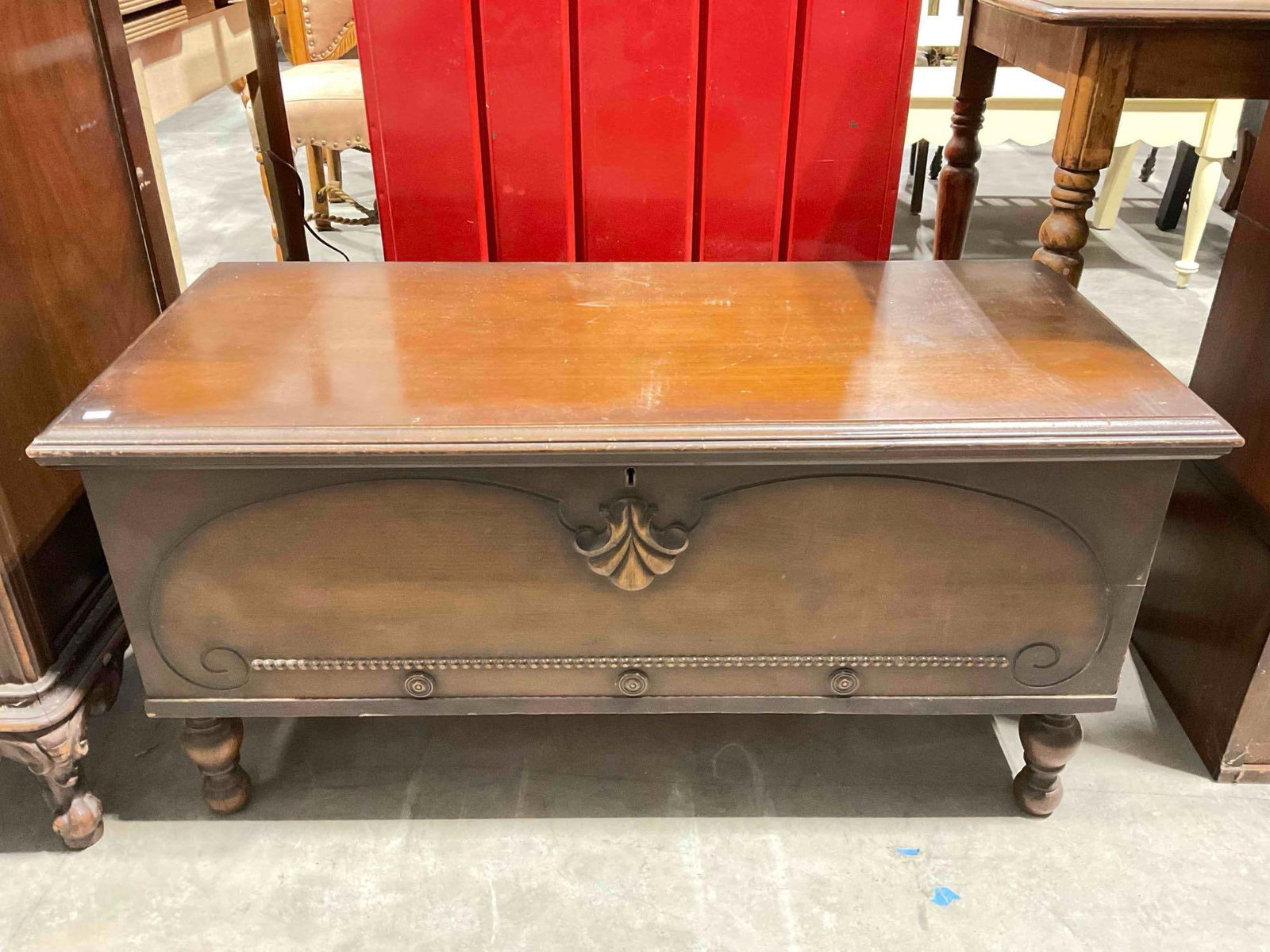 Vintage Wooden Blanket Chest w/ Carved Details. Locked, No Key, As Is. See pics and description.: Vintage Wooden Blanket Chest w/ Carved Details. Locked, No Key, As Is. See pics and description. locked shut with no key. Not empty, likely contains blankets, came from a consignor who collected