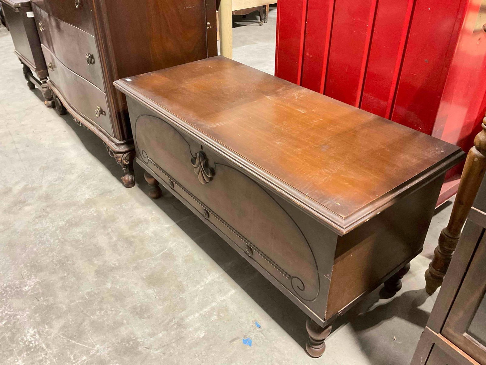 Vintage Wooden Blanket Chest w/ Carved Details. Locked, No Key, As Is. See pics and description. - 2