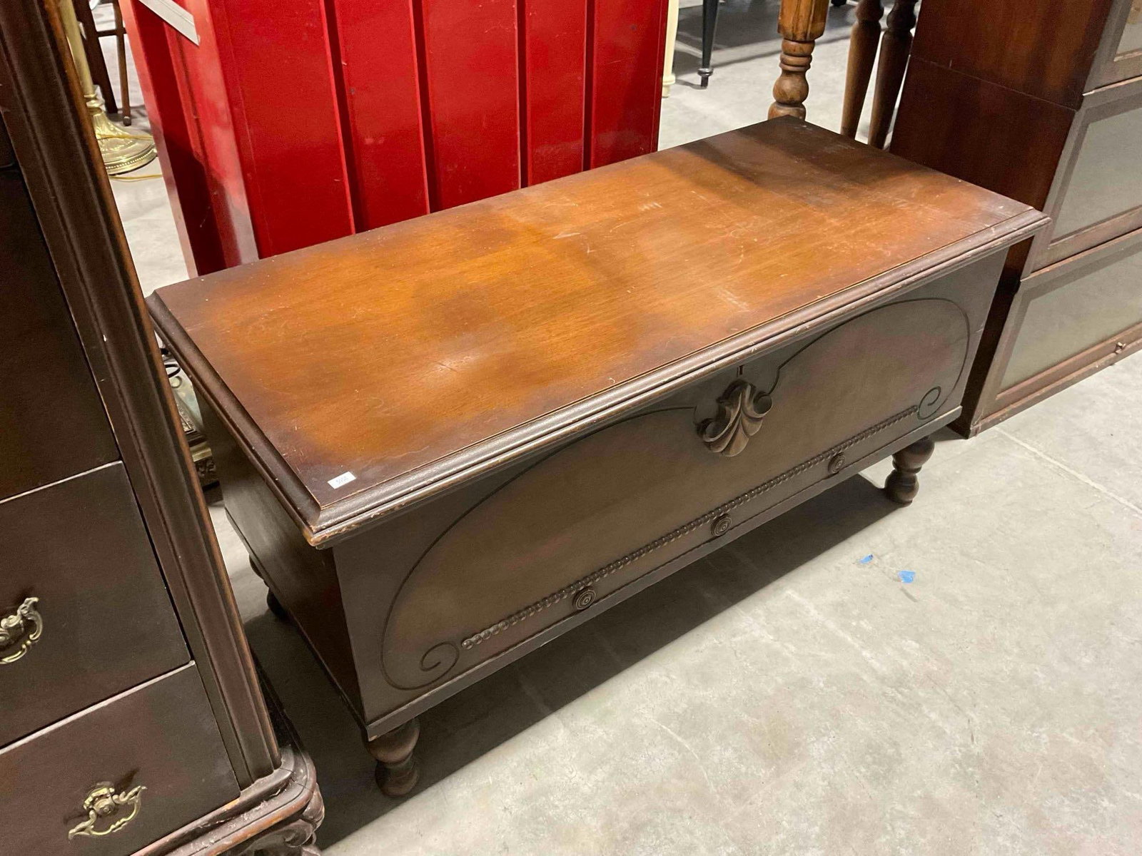 Vintage Wooden Blanket Chest w/ Carved Details. Locked, No Key, As Is. See pics and description. - 3
