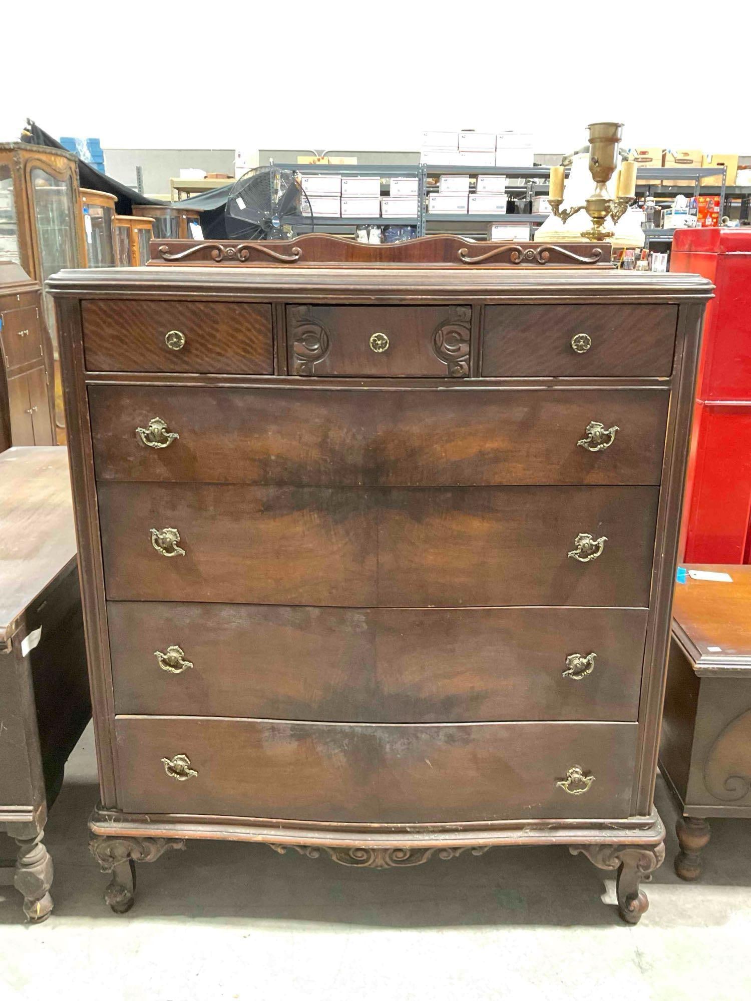 Vintage Mahogany? Wooden 7 Drawer Dresser w/ Carved Accents & Nice Grain. Fair Condition.: Vintage Mahogany? Wooden 7 Drawer Dresser w/ Carved Accents & Nice Grain. Fair Condition. Piece has wear indicative of age and being stored near water, drawers are very stiff and piece has musty