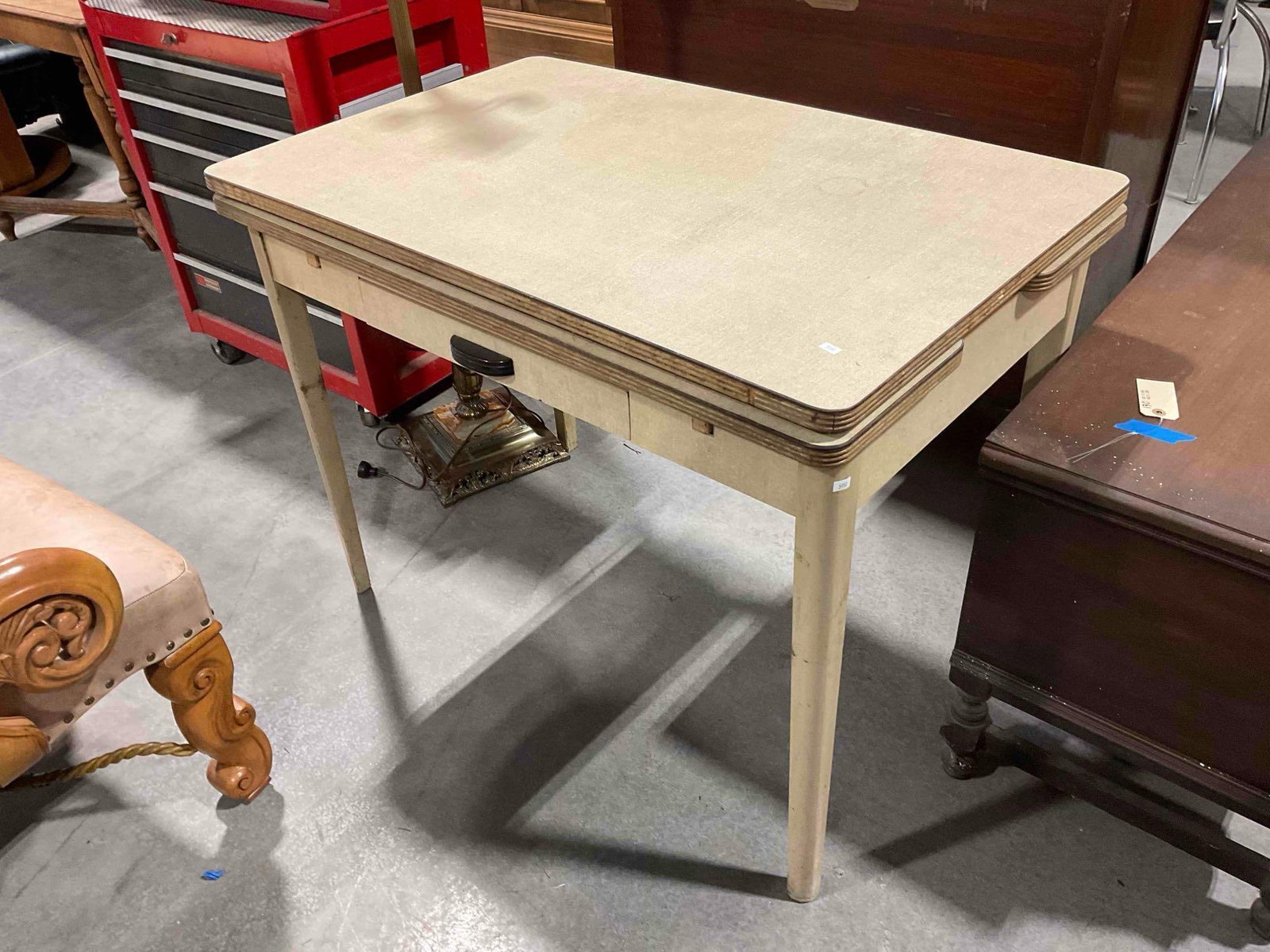 Vintage Beige Expandable Drop Leaf Kitchen Table w/ Laminate? Top. Fair Condition. See pics. - 2