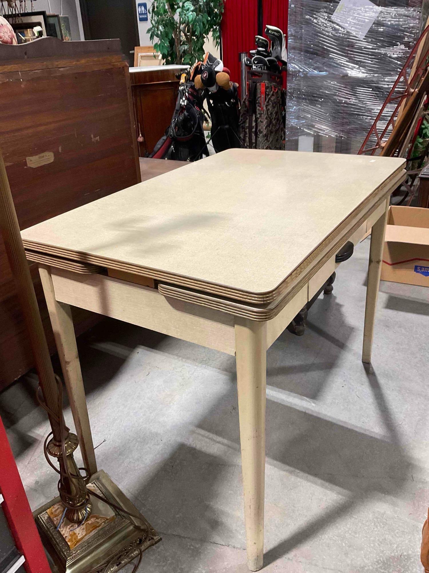Vintage Beige Expandable Drop Leaf Kitchen Table w/ Laminate? Top. Fair Condition. See pics. - 3