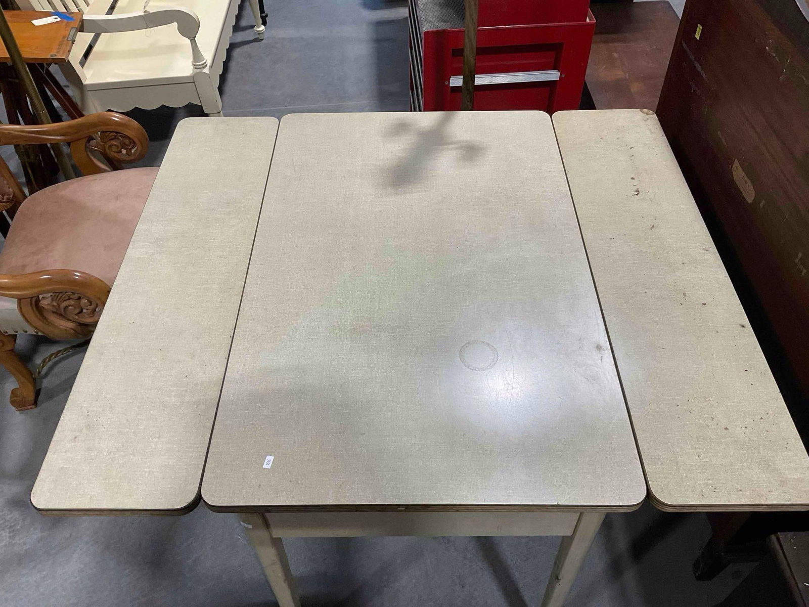 Vintage Beige Expandable Drop Leaf Kitchen Table w/ Laminate? Top. Fair Condition. See pics. - 7