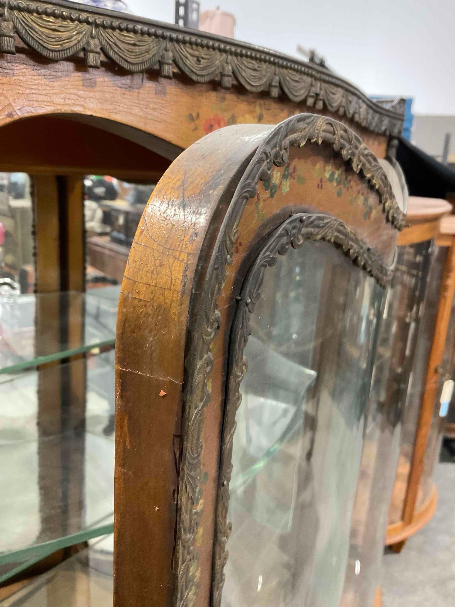 Antique French Vitrine Curio Cabinet w/ Hand Painted Details, Glass Shelves & Metal Accents. - 12