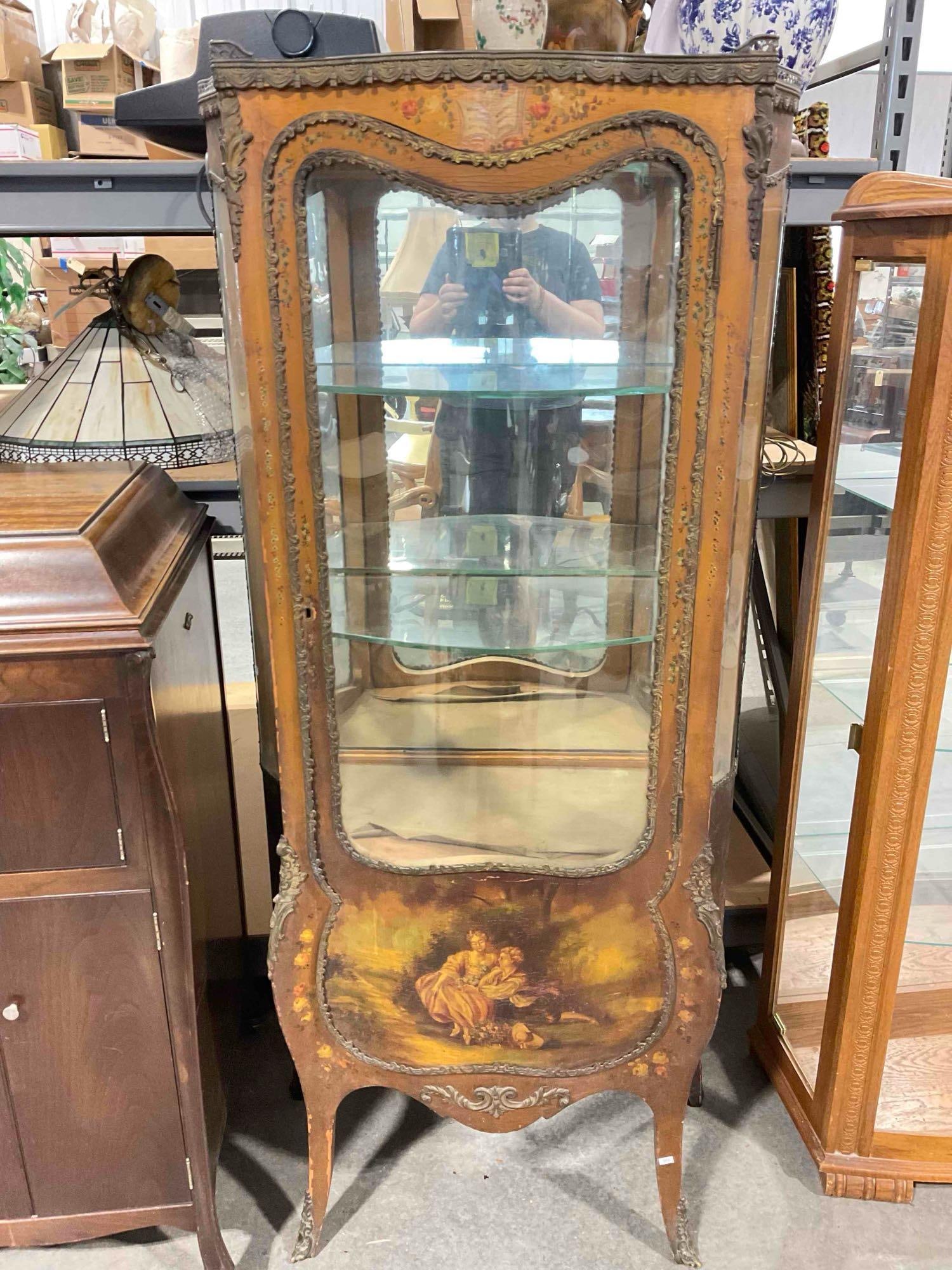 Antique French Vitrine Curio Cabinet w/ Hand Painted Details, Glass Shelves & Metal Accents.: Antique French Vitrine Curio Cabinet w/ Hand Painted Details, Glass Shelves & Metal Accents. Absolutely gorgeous piece with incredible details. Has wear indicative of age and use, part of metal