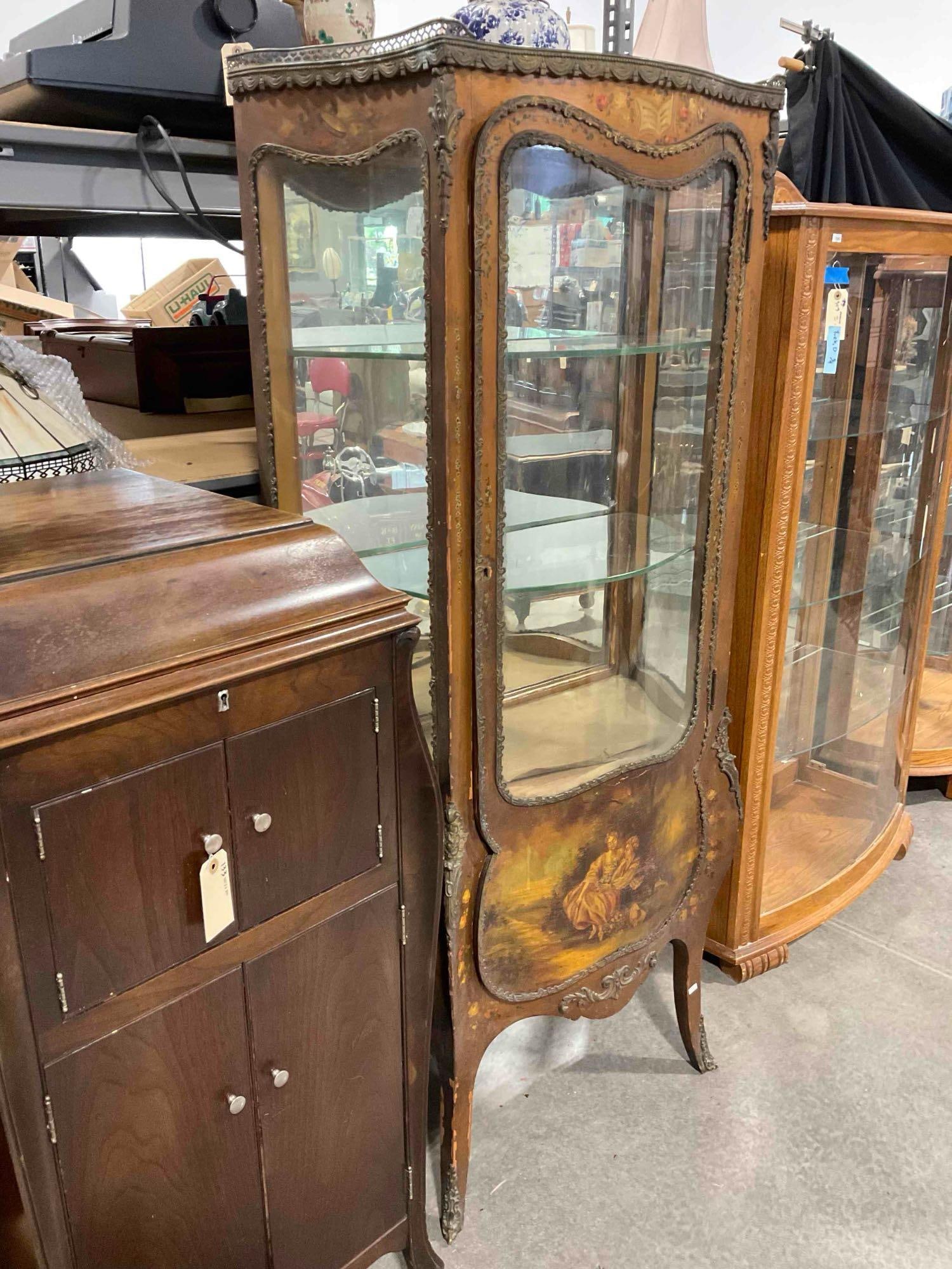 Antique French Vitrine Curio Cabinet w/ Hand Painted Details, Glass Shelves & Metal Accents. - 2