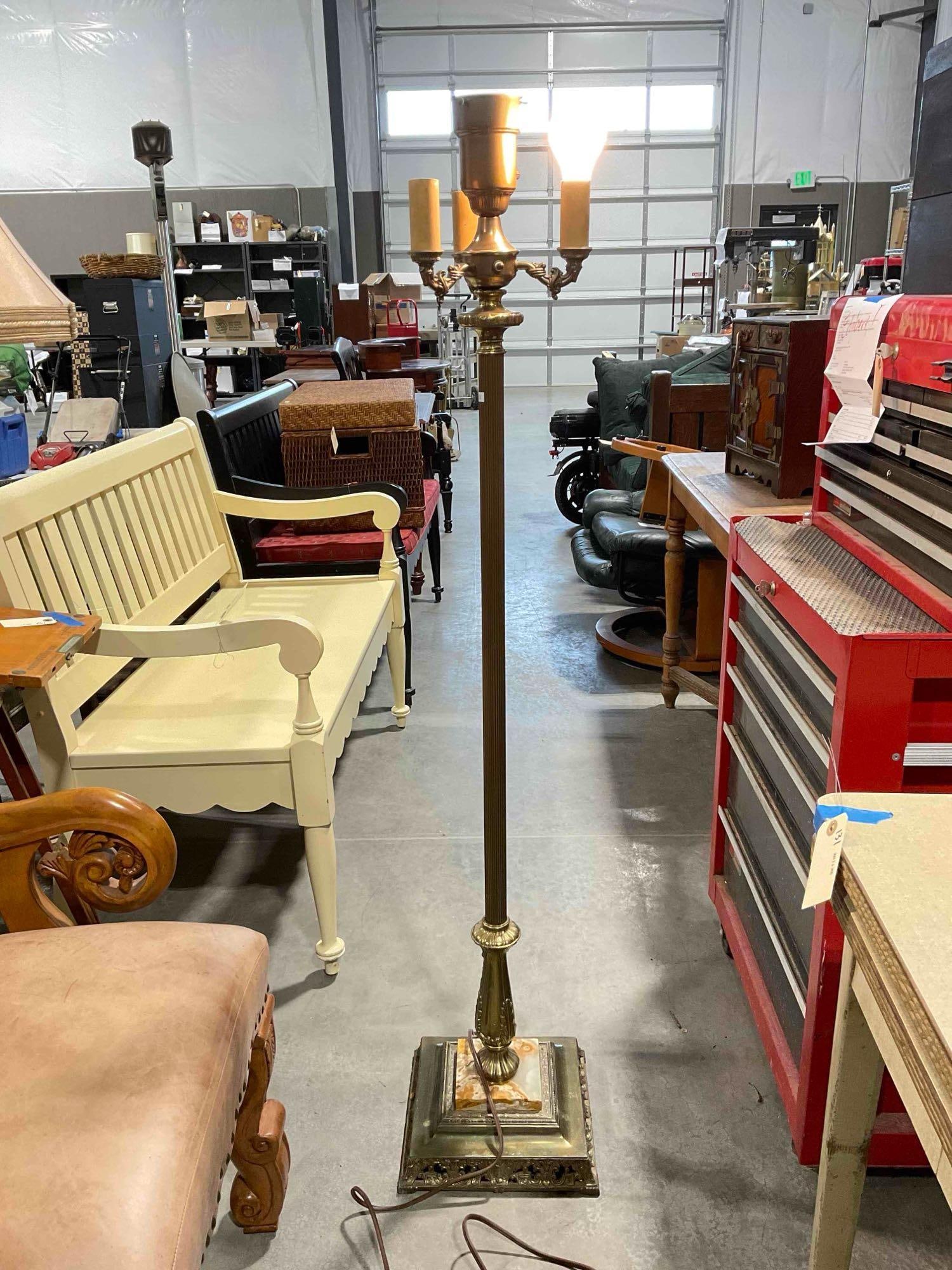 Vintage Brass Floor Lamp w/ 4 Lights & Natural Stone Accent. Tested, Partially Works. See pics.: Vintage Brass Floor Lamp w/ 4 Lights & Natural Stone Accent. Tested, Partially Works. Middle sconce does not fit light bulb, cannot be tested, other lights work fine. Has wear indicative of age