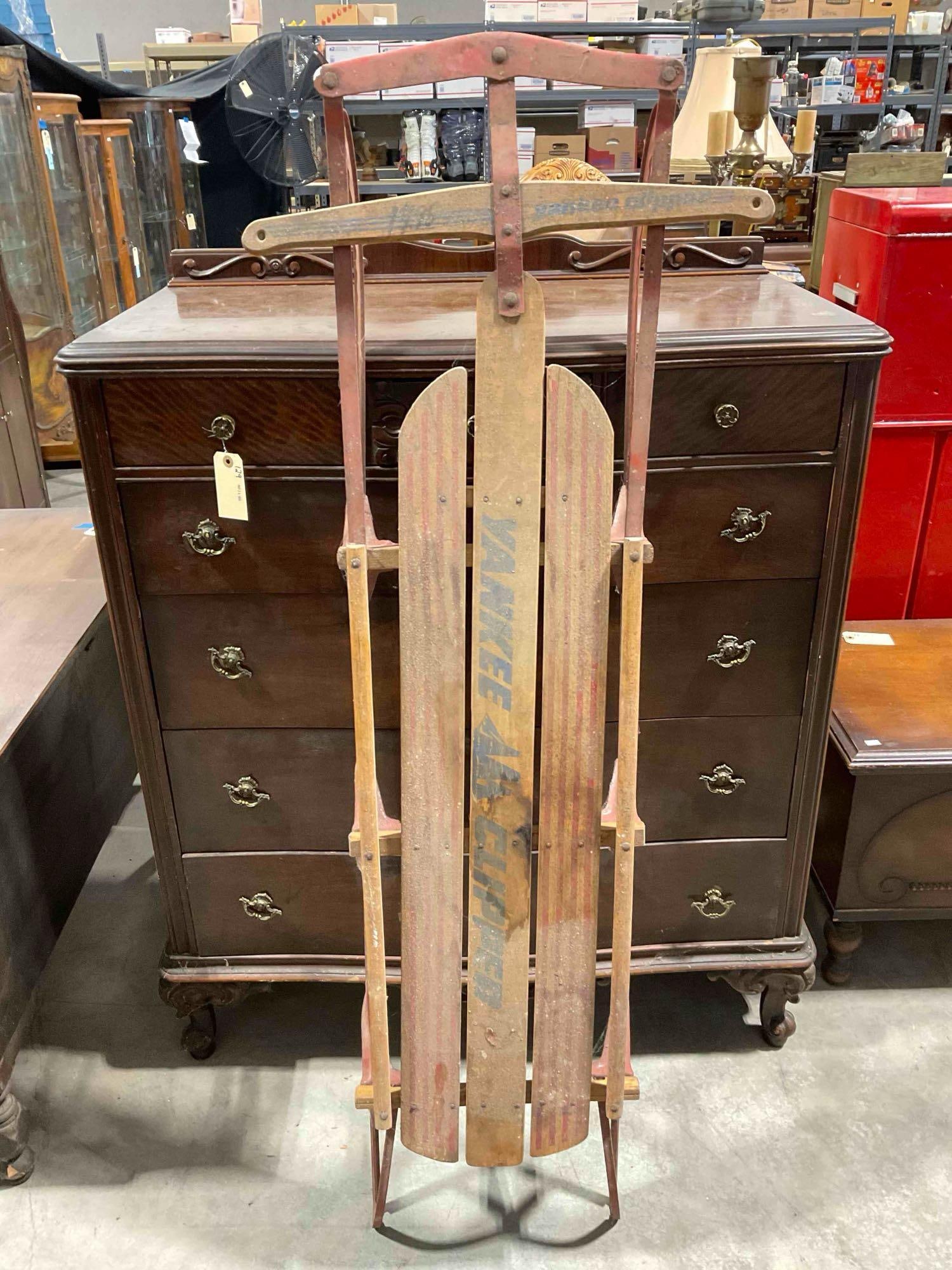 Vintage Yankee Clipper Wood & Metal Snow Sled. As Is Condition. See pics.: Vintage Yankee Clipper Wood & Metal Snow Sled. As Is Condition. Piece has extensive staining and what looks to be salt stains or mold growth, needs a lot of TLC, condition looks to be as is.