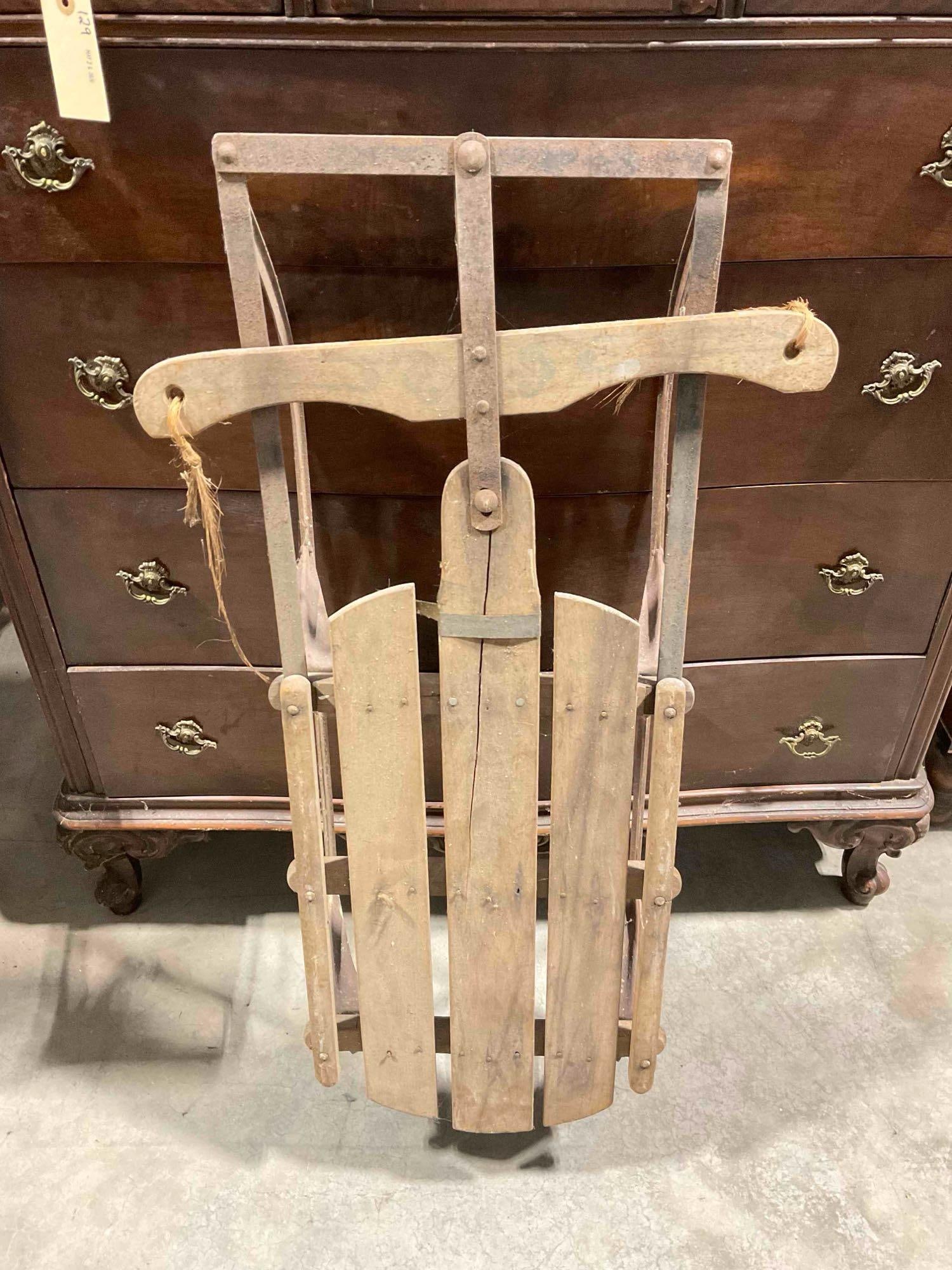 Vintage Wood & Metal Child's Snow Sled w/ Painted Accents. As Is Condition. See pics.: Vintage Wood & Metal Child's Snow Sled w/ Painted Accents. As Is Condition. Piece has rust and wear indicative of age and use, what looks like salt stains or mold growth, wood is split, looks to b