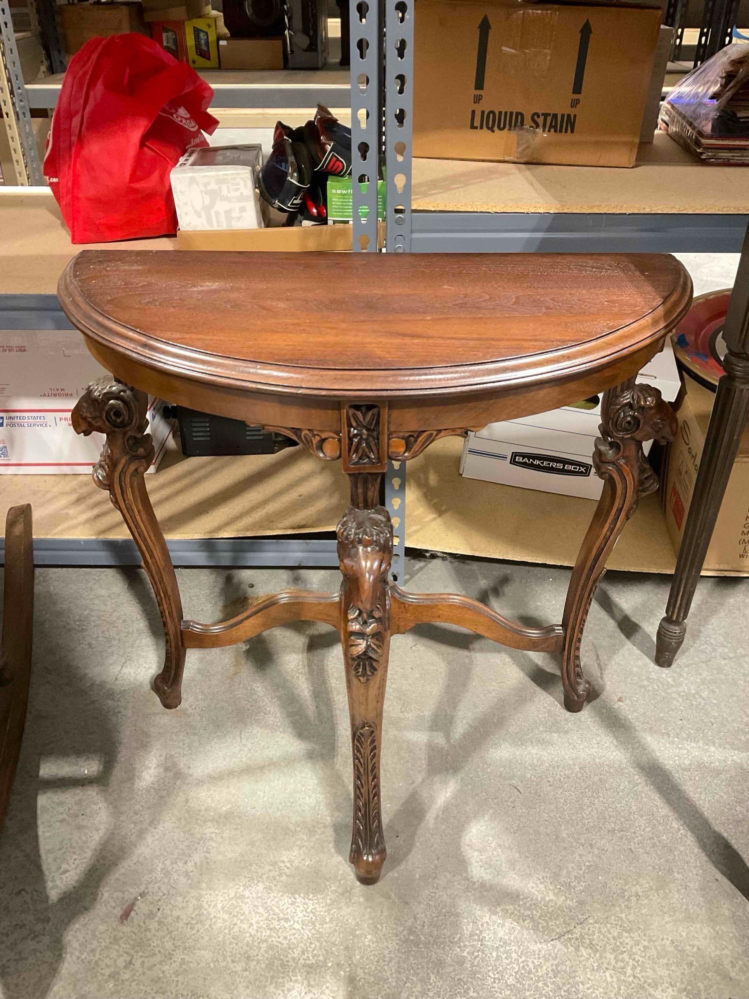 Vintage Mahogany Wood Finish Demilune Side Table w/ Ram's Head Details. Good Condition. (1 of 5)