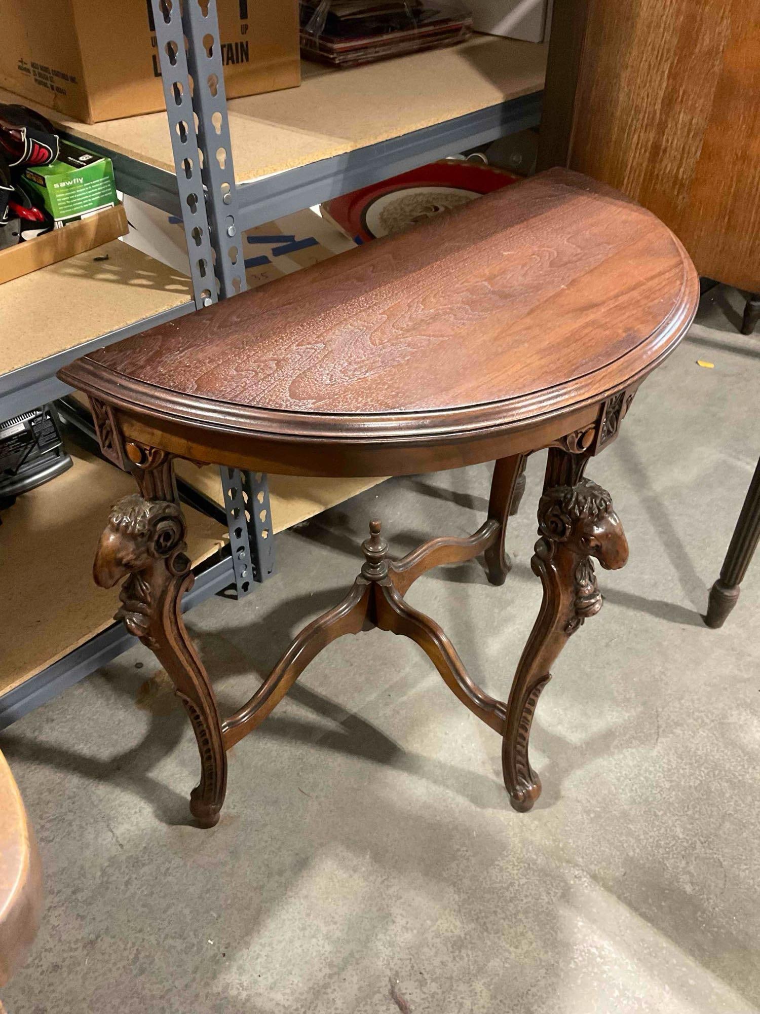 Vintage Mahogany Wood Finish Demilune Side Table w/ Ram's Head Details. Good Condition. - 2