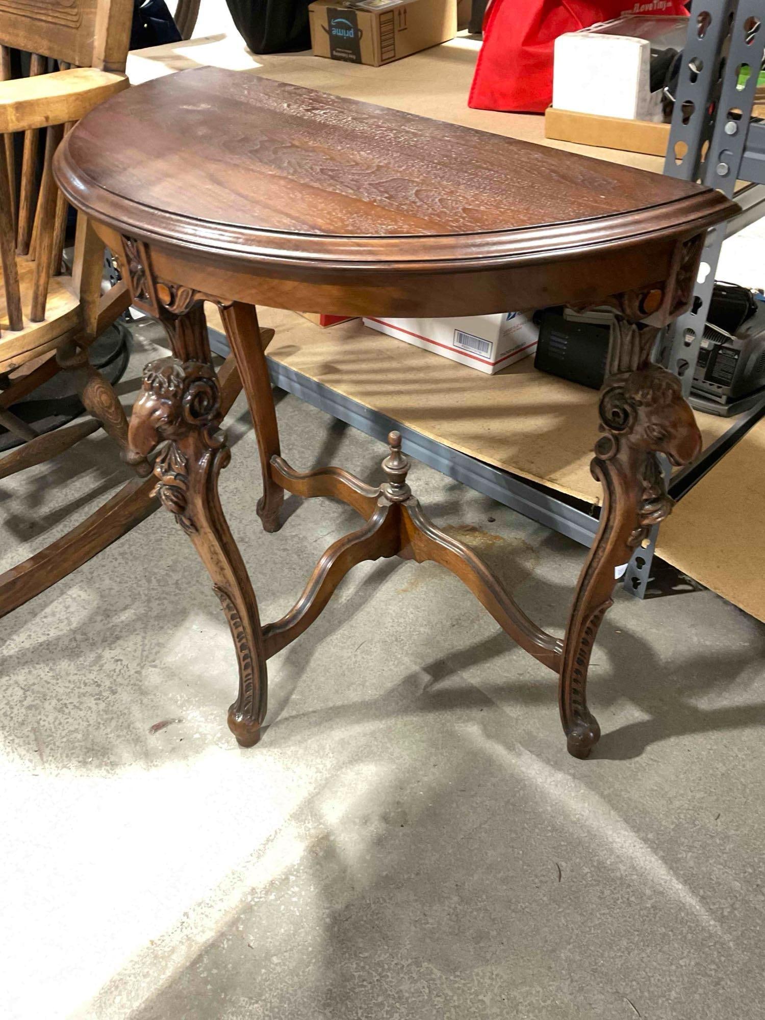 Vintage Mahogany Wood Finish Demilune Side Table w/ Ram's Head Details. Good Condition. - 3