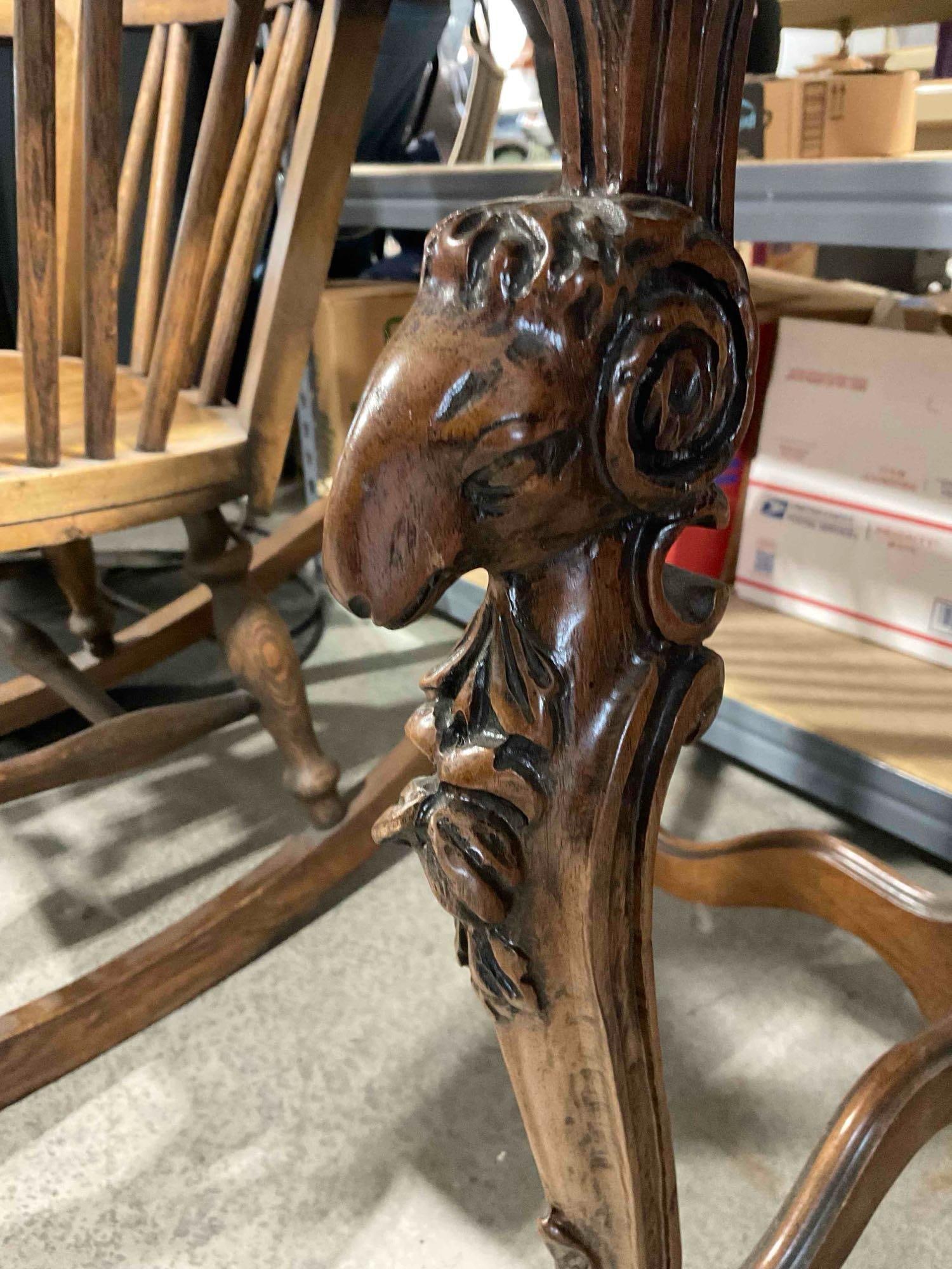 Vintage Mahogany Wood Finish Demilune Side Table w/ Ram's Head Details. Good Condition. - 4