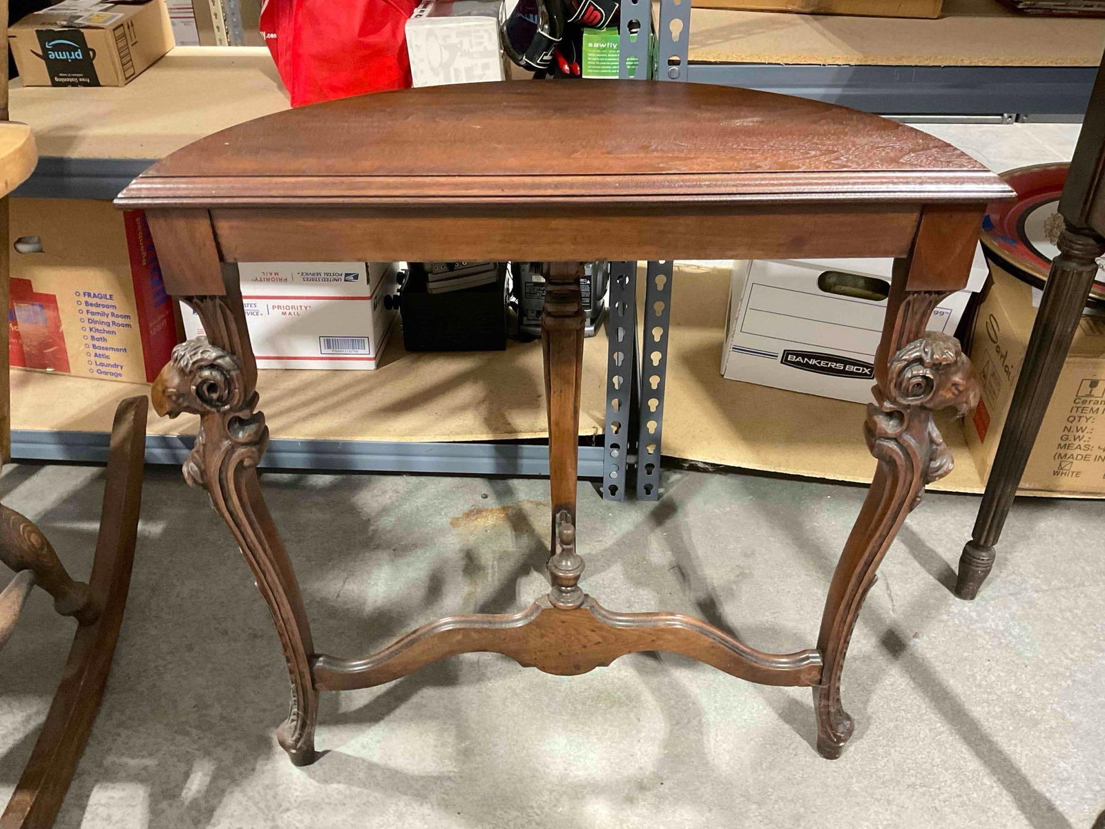 Vintage Mahogany Wood Finish Demilune Side Table w/ Ram's Head Details. Good Condition. - 5
