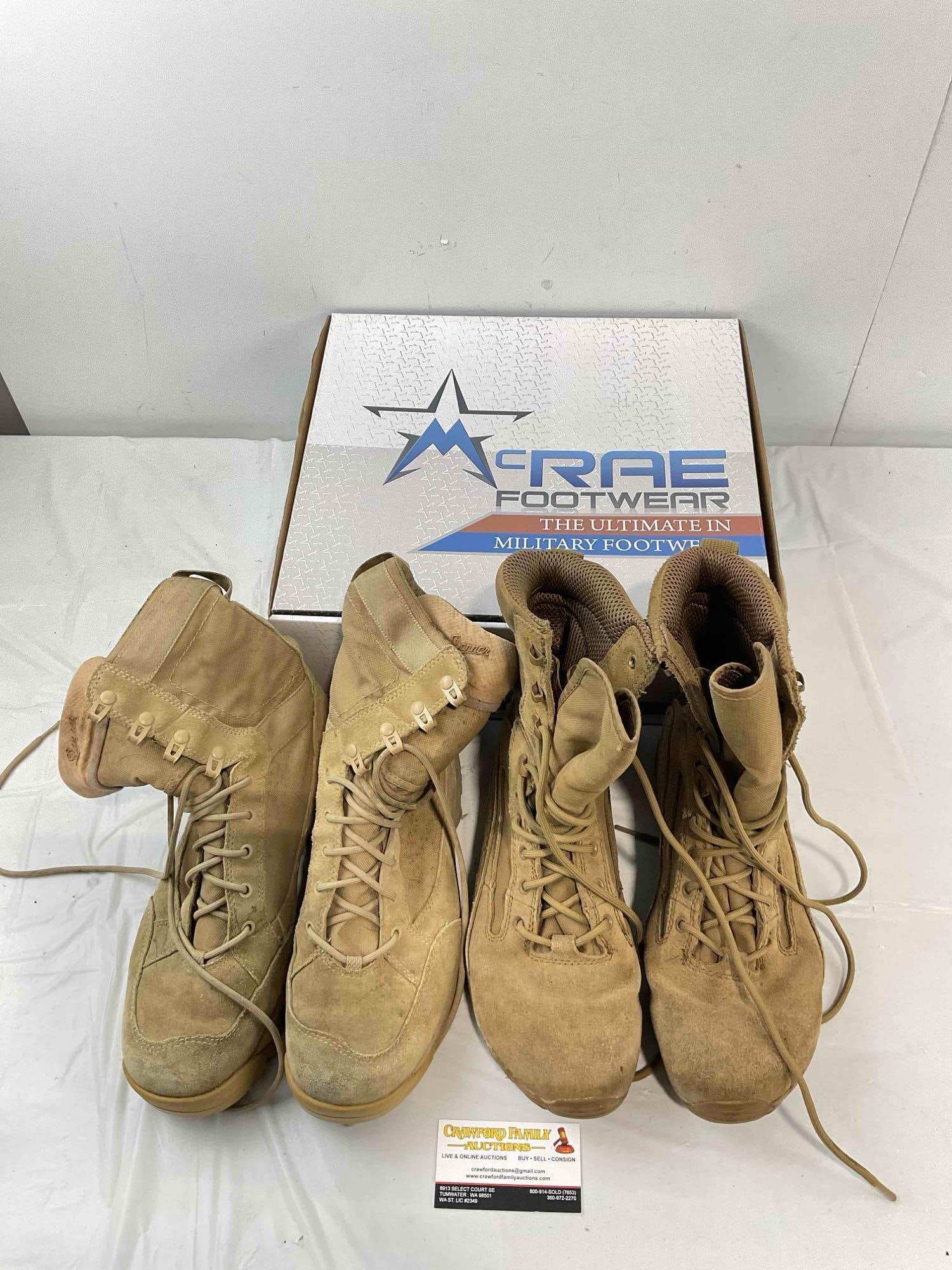 2 pairs of Military Boots, incl. Danner Tanicus & Belleville Tactical Research Size US Men's 11.: 2 pairs of Military Boots, incl. Danner Tanicus & Belleville Tactical Research Size US Men's 11. Comes with a McRae box, NOT McRae. Pieces have wear indicative of age and use, have an odor,