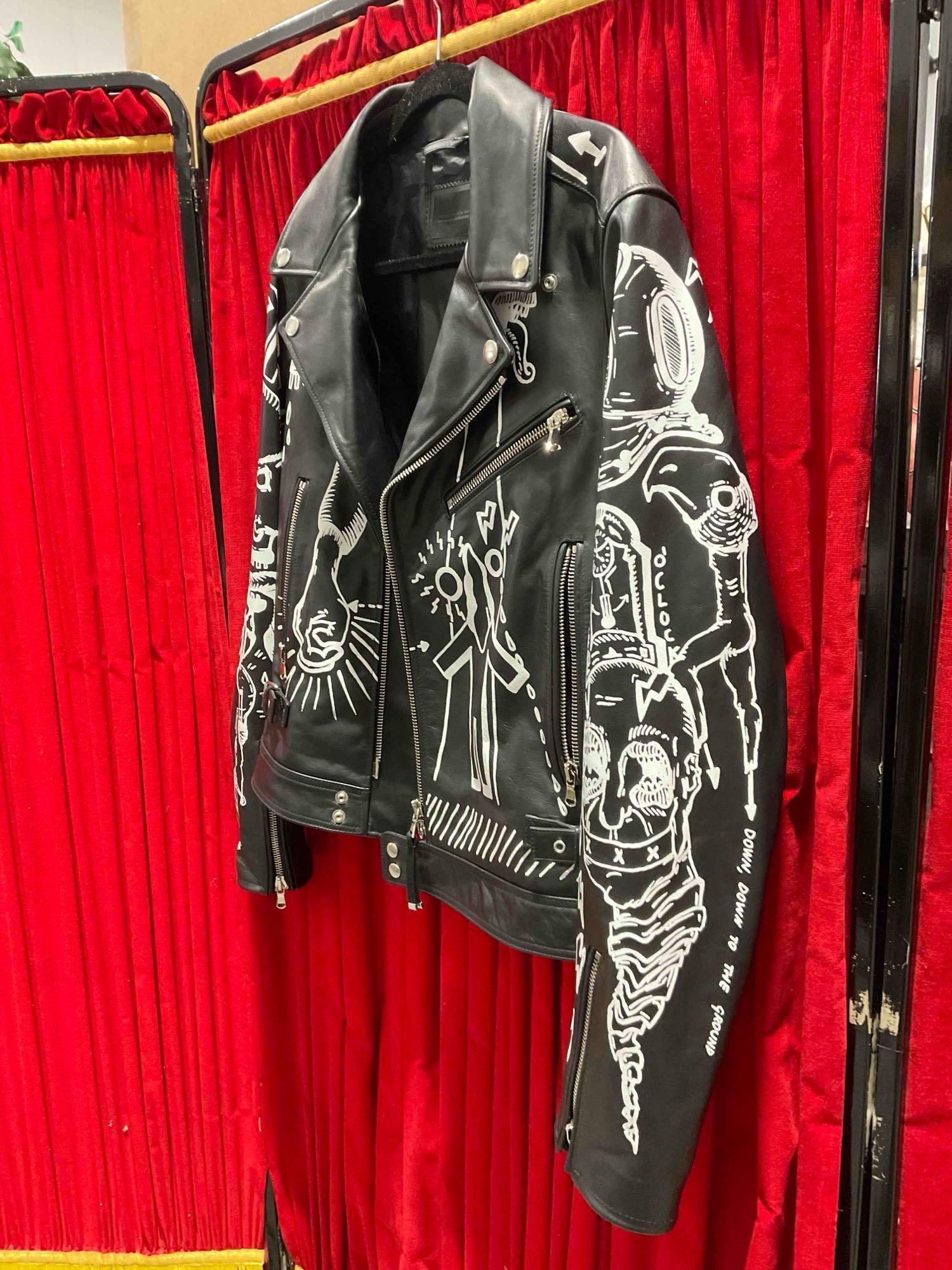 Diesel Black Gold Loragraph Black Leather Jacket w/ White Graffiti Art, Size 52. Good Condition. - 4