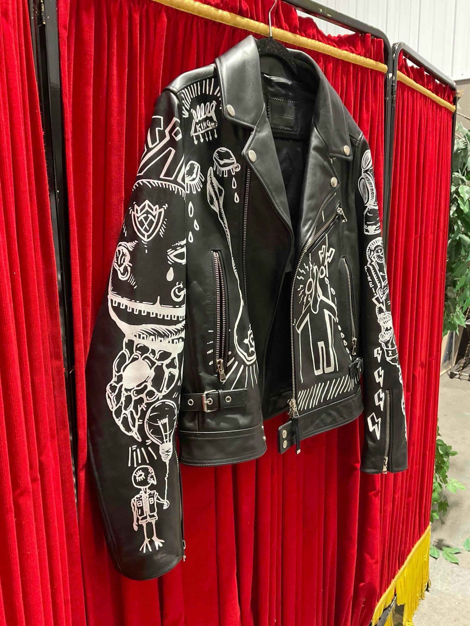 Diesel Black Gold Loragraph Black Leather Jacket w/ White Graffiti Art, Size 52. Good Condition. - 5