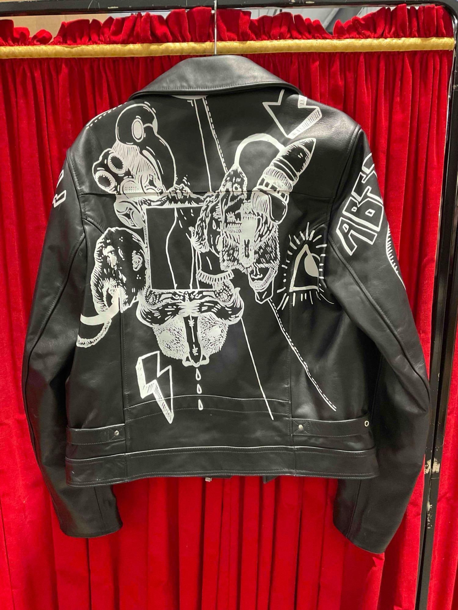 Diesel Black Gold Loragraph Black Leather Jacket w/ White Graffiti Art, Size 52. Good Condition. - 6