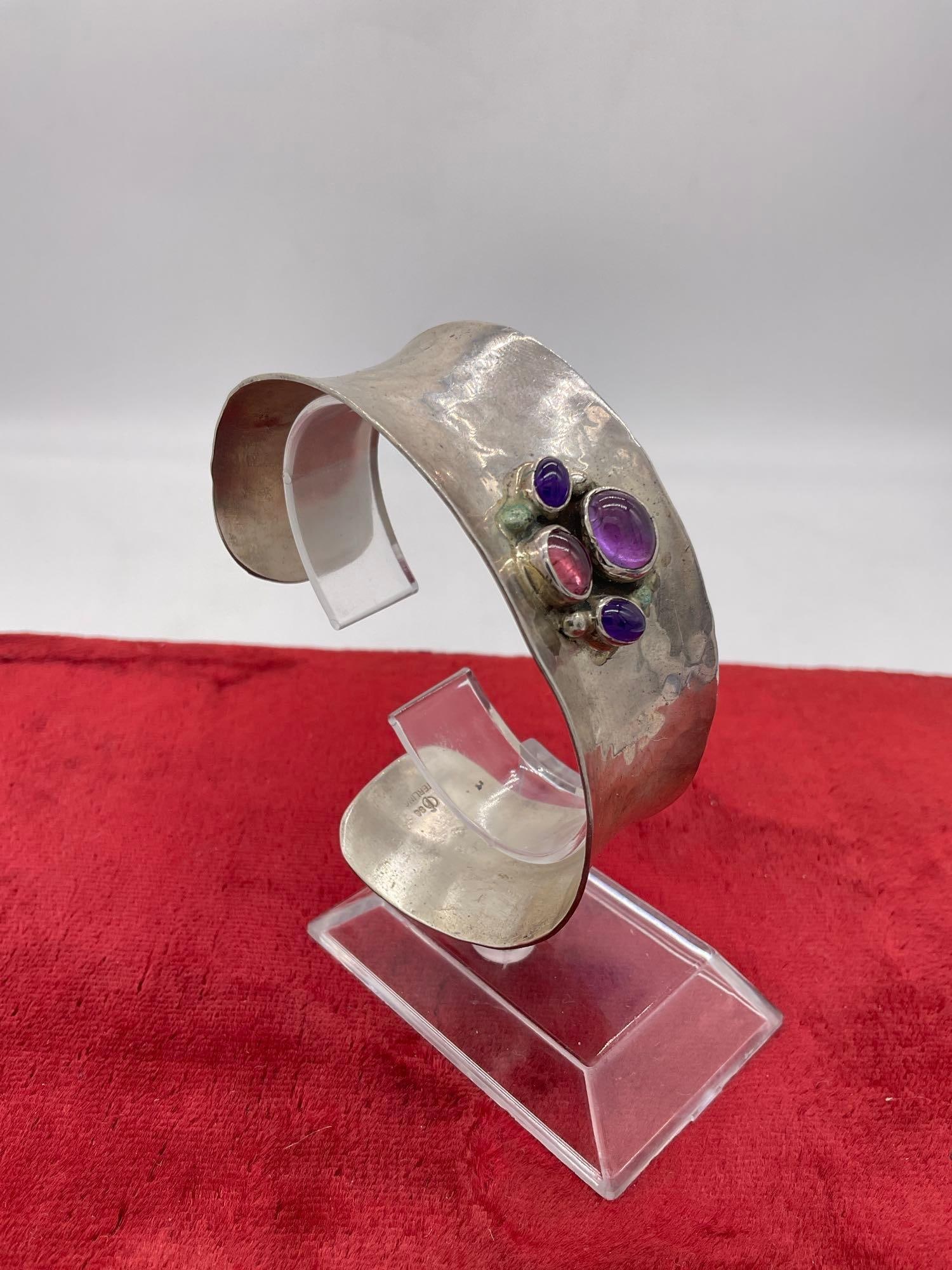 1986 Carol Felley Native American design Sterling silver Cuff Bracelet w/ blue stones Signed CF 86 - 2
