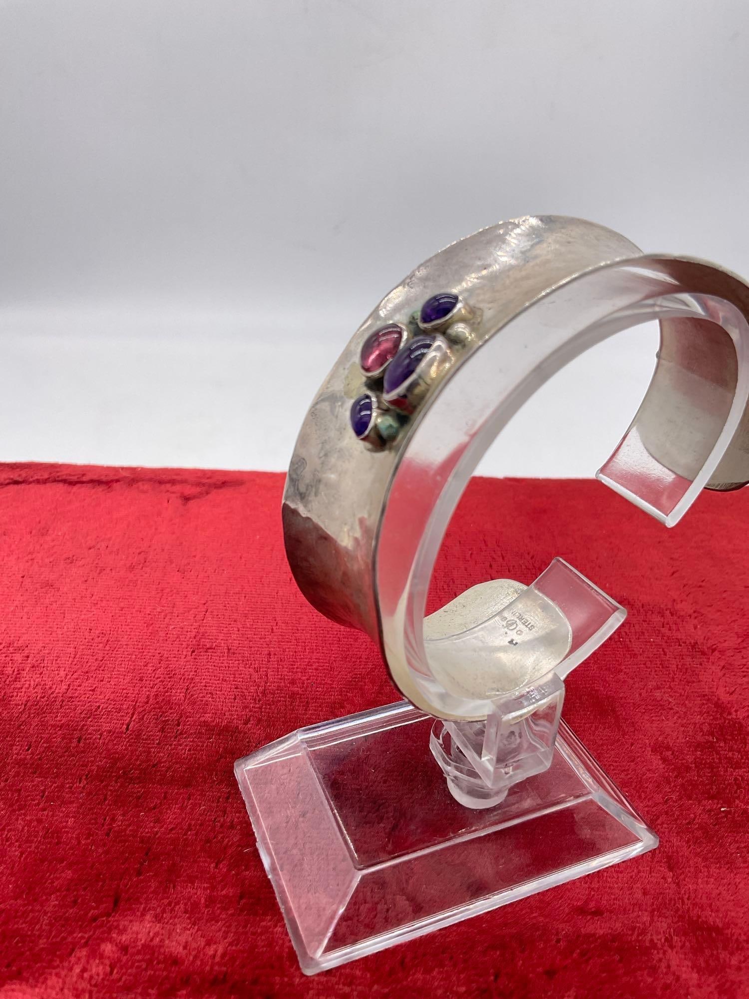 1986 Carol Felley Native American design Sterling silver Cuff Bracelet w/ blue stones Signed CF 86 - 3