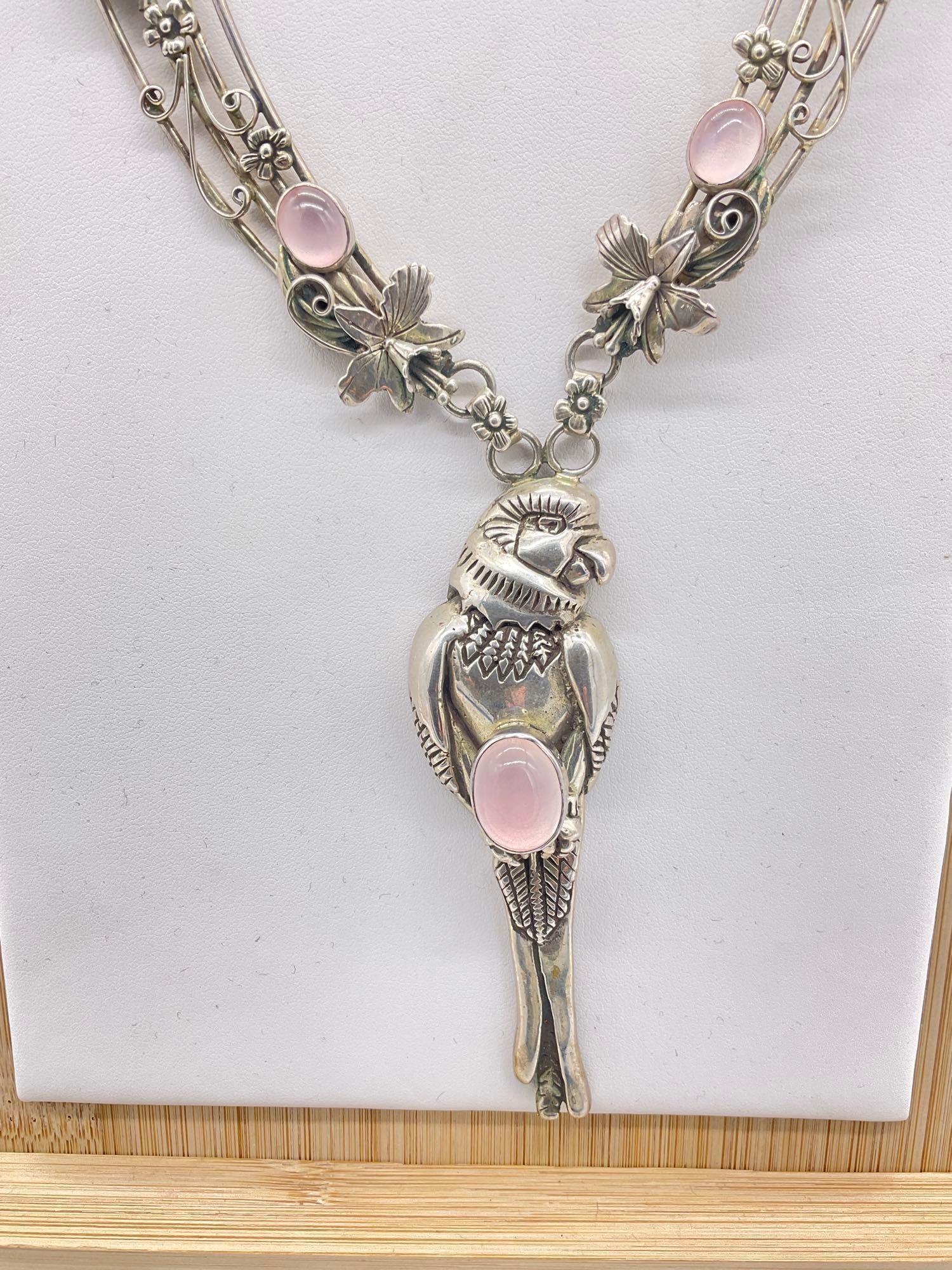 Sterling Silver Carol Felly SW Native Style Bib necklace w/ Parrot, Floral motif & Rose Quartz - 2