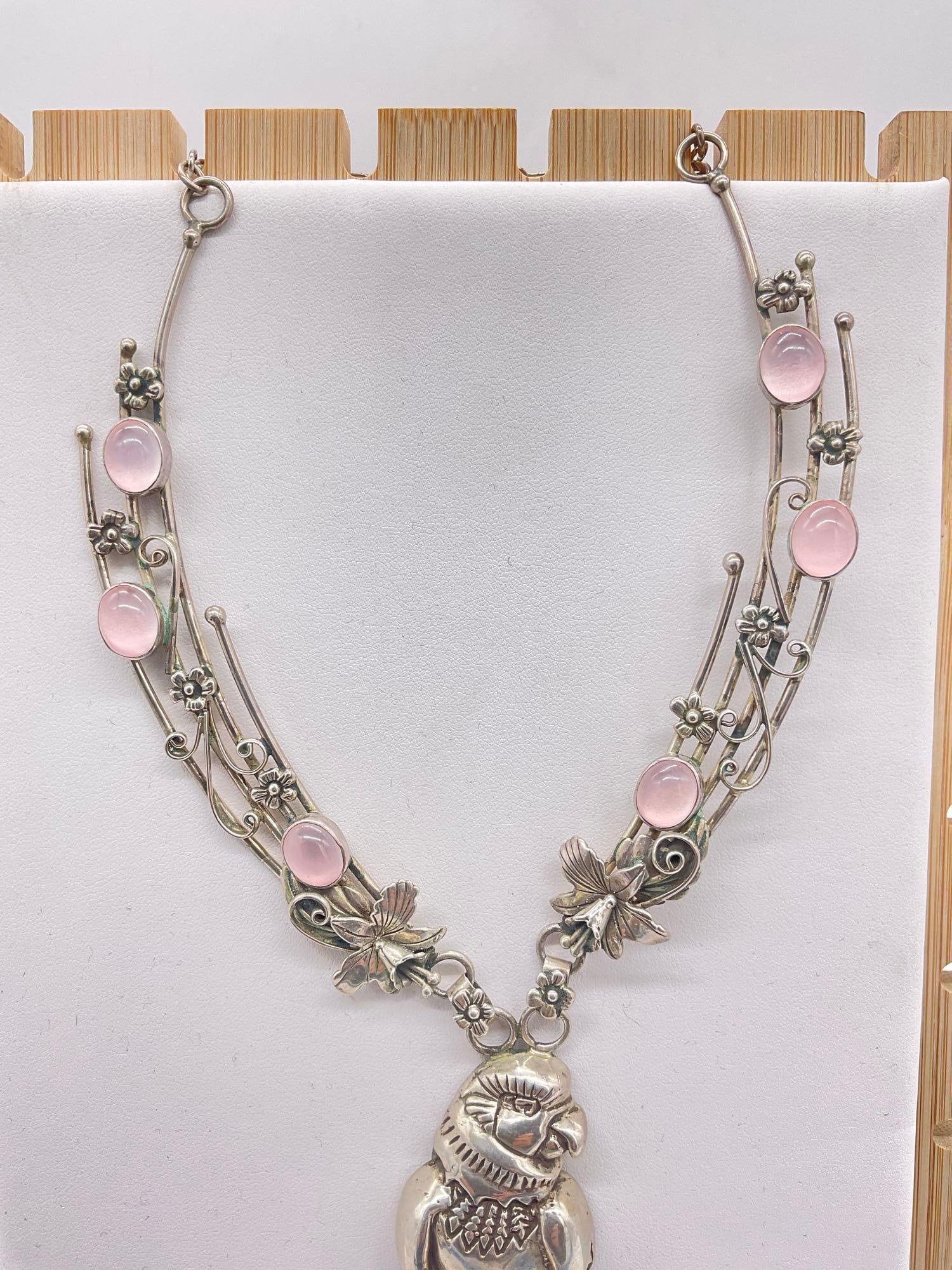 Sterling Silver Carol Felly SW Native Style Bib necklace w/ Parrot, Floral motif & Rose Quartz - 3
