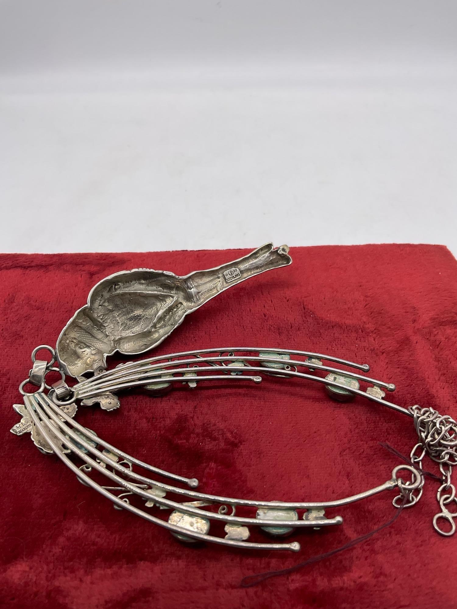 Sterling Silver Carol Felly SW Native Style Bib necklace w/ Parrot, Floral motif & Rose Quartz - 4