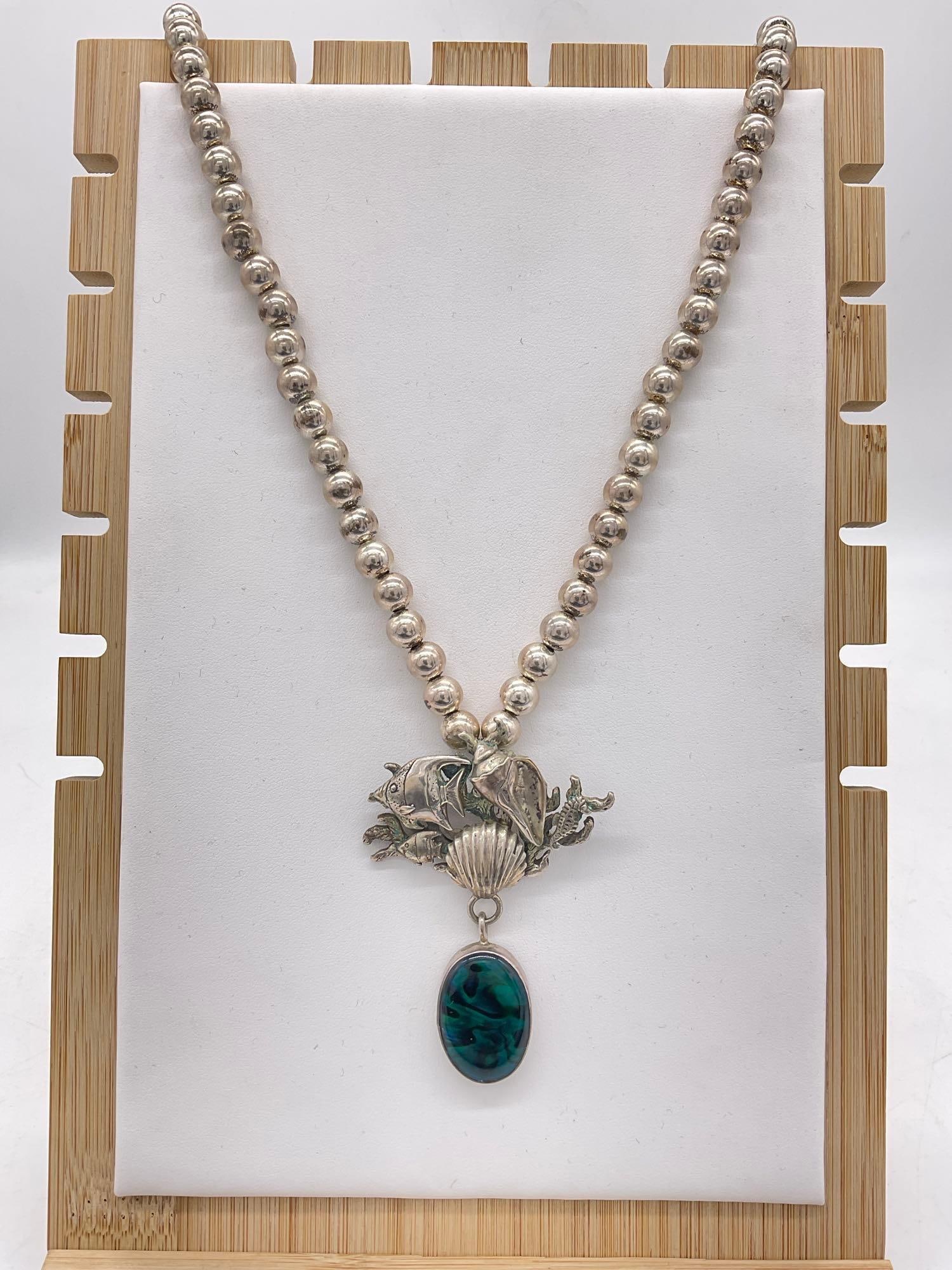 Sterling Silver SW Native Style Beaded Necklace, Coral Reef Themed W/ Abalone Shell Pendant: 62.99 Grams Signed Cf 1990 / Vintage Sterling Silver Carol Felly Created SW Native Style 22" Beaded Necklace w/ 3" Coral reef themed creation & Abalone Shell Pendant 