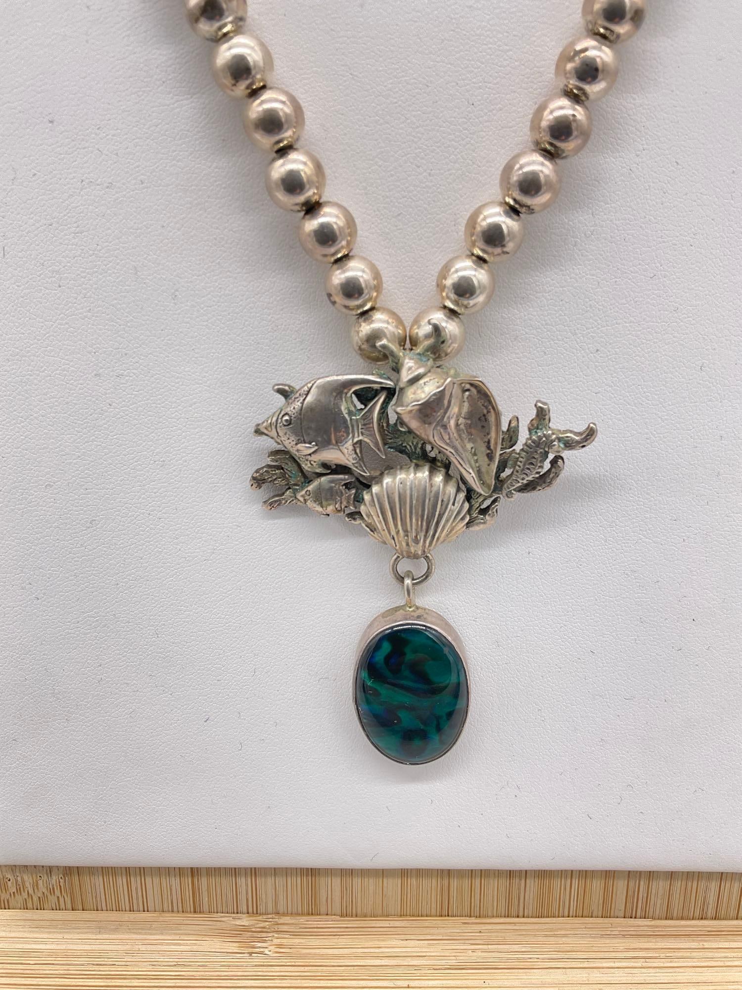 Sterling Silver SW Native Style Beaded Necklace, Coral Reef Themed W/ Abalone Shell Pendant - 2