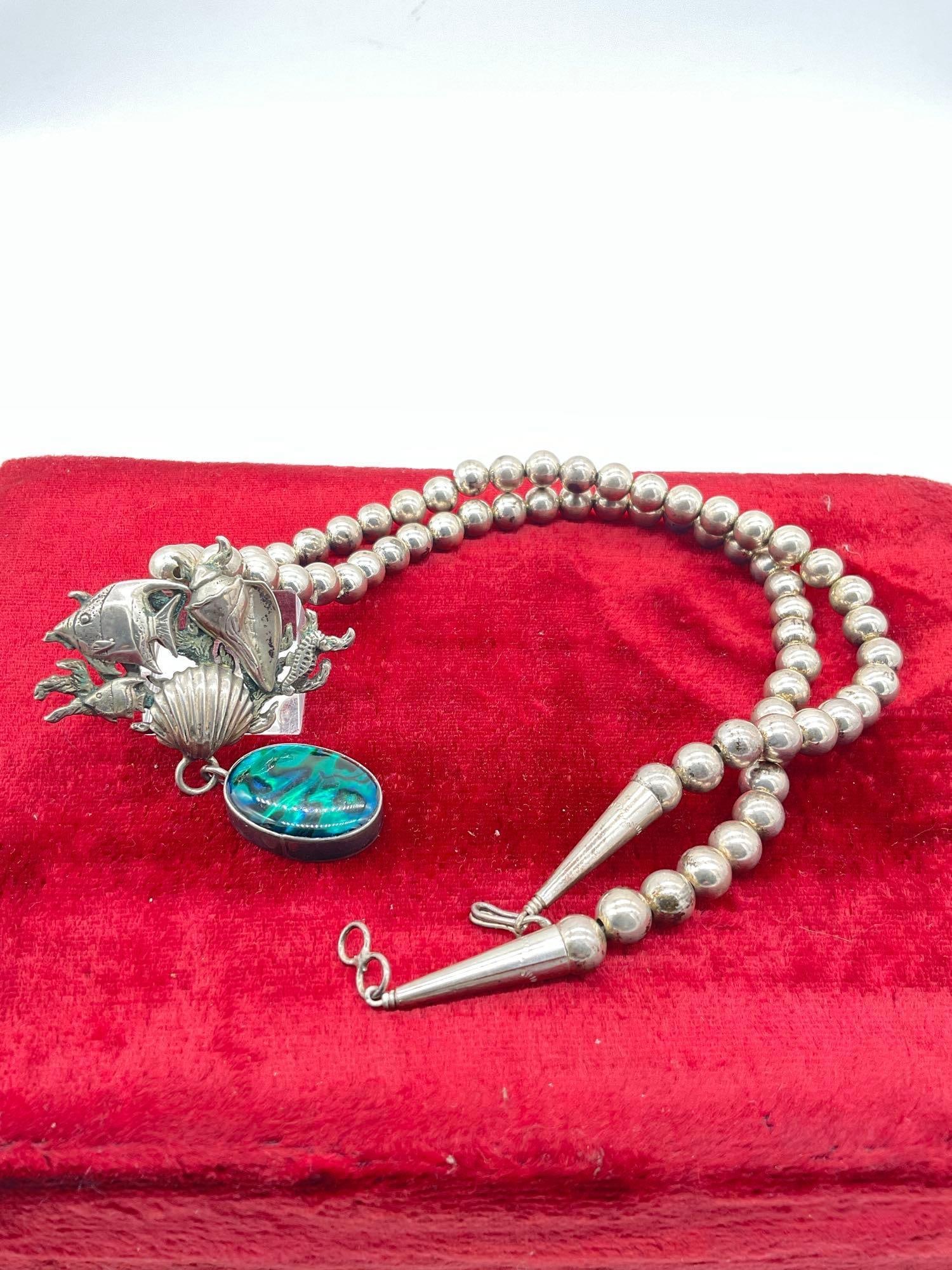 Sterling Silver SW Native Style Beaded Necklace, Coral Reef Themed W/ Abalone Shell Pendant - 3