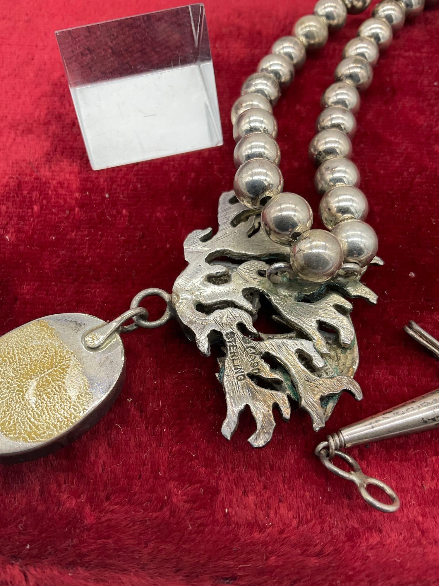Sterling Silver SW Native Style Beaded Necklace, Coral Reef Themed W/ Abalone Shell Pendant - 4