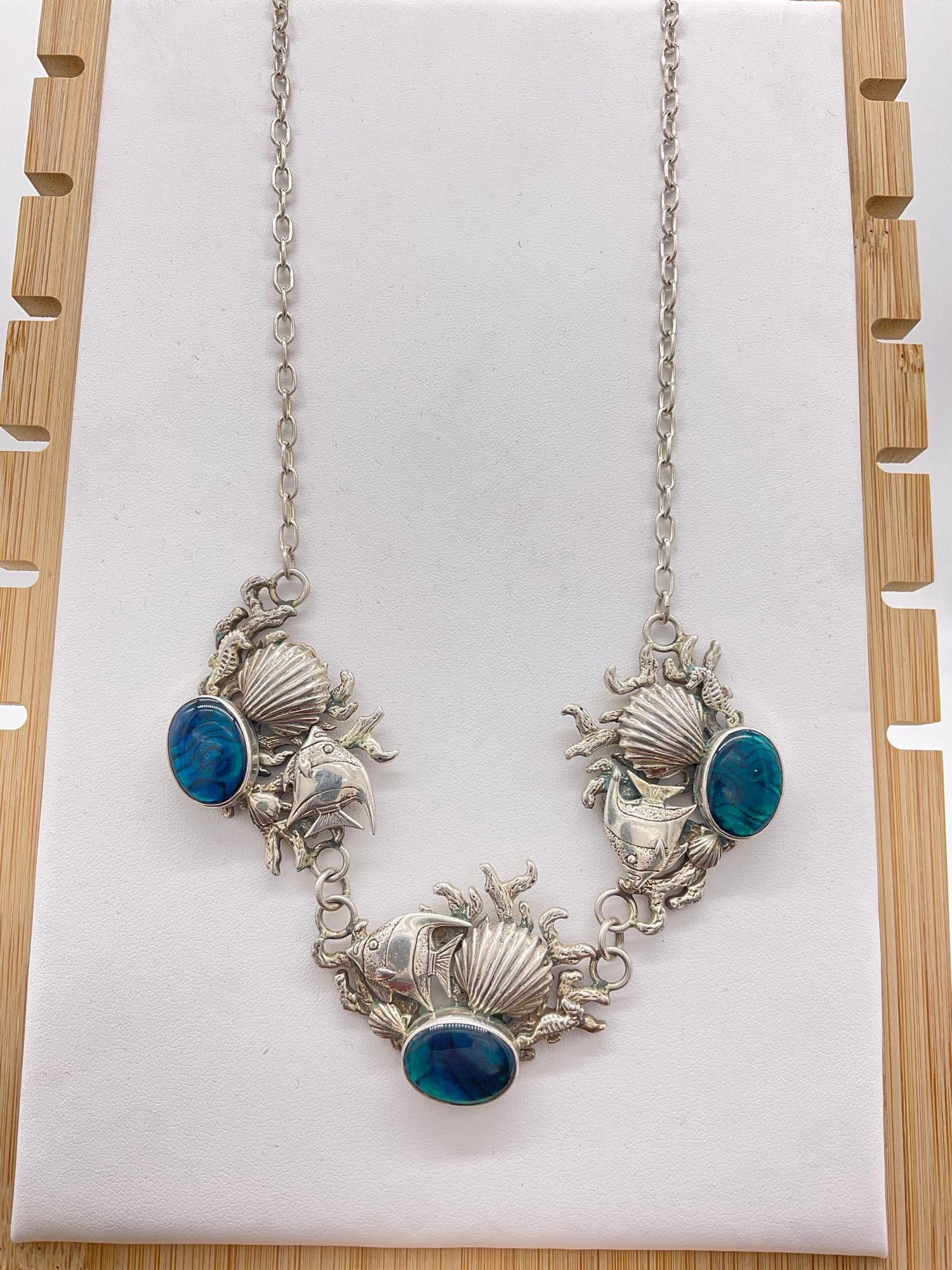 Sterling Silver Created SW Native Style Choker Necklace,Coral Reef Themed W/Abalone Shell Cabocho...: 74.94 Grams Signed Cf 1990 / Vintage Sterling Silver Carol Felly Created SW Native Style 22" Choker Necklace w/ 3 Coral reef themed creation's & Abalone Shell Cabochons