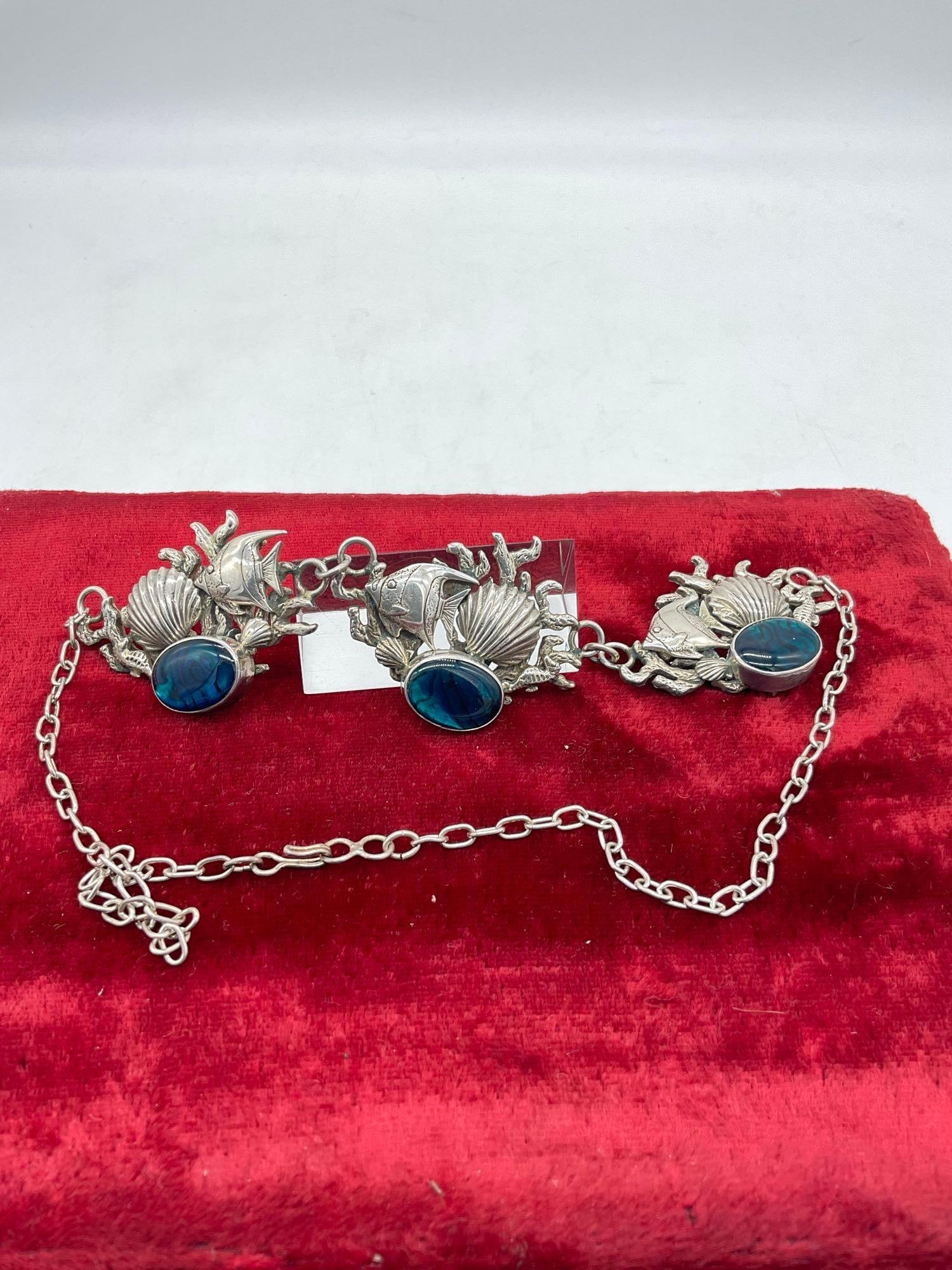 Sterling Silver Created SW Native Style Choker Necklace,Coral Reef Themed W/Abalone Shell Cabocho... - 2