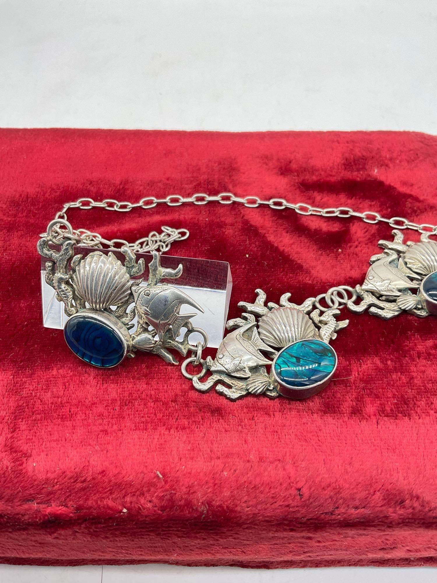 Sterling Silver Created SW Native Style Choker Necklace,Coral Reef Themed W/Abalone Shell Cabocho... - 3