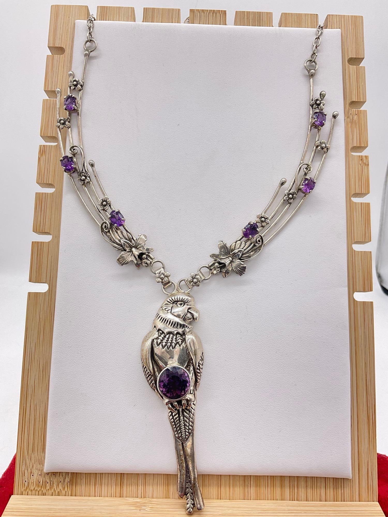 Sterling Silver Carol Felly Created SW Native Style Bib necklace w/ Parrot, Floral Theme w/ ameth...: 74.65 Grams Sterling Silver Carol Felly Created SW Native Style Bib necklace w/ Parrot, Floral Theme w/ amethyst ? stones Fantastic piece Studded with most likely Amethyst Stones signed CF