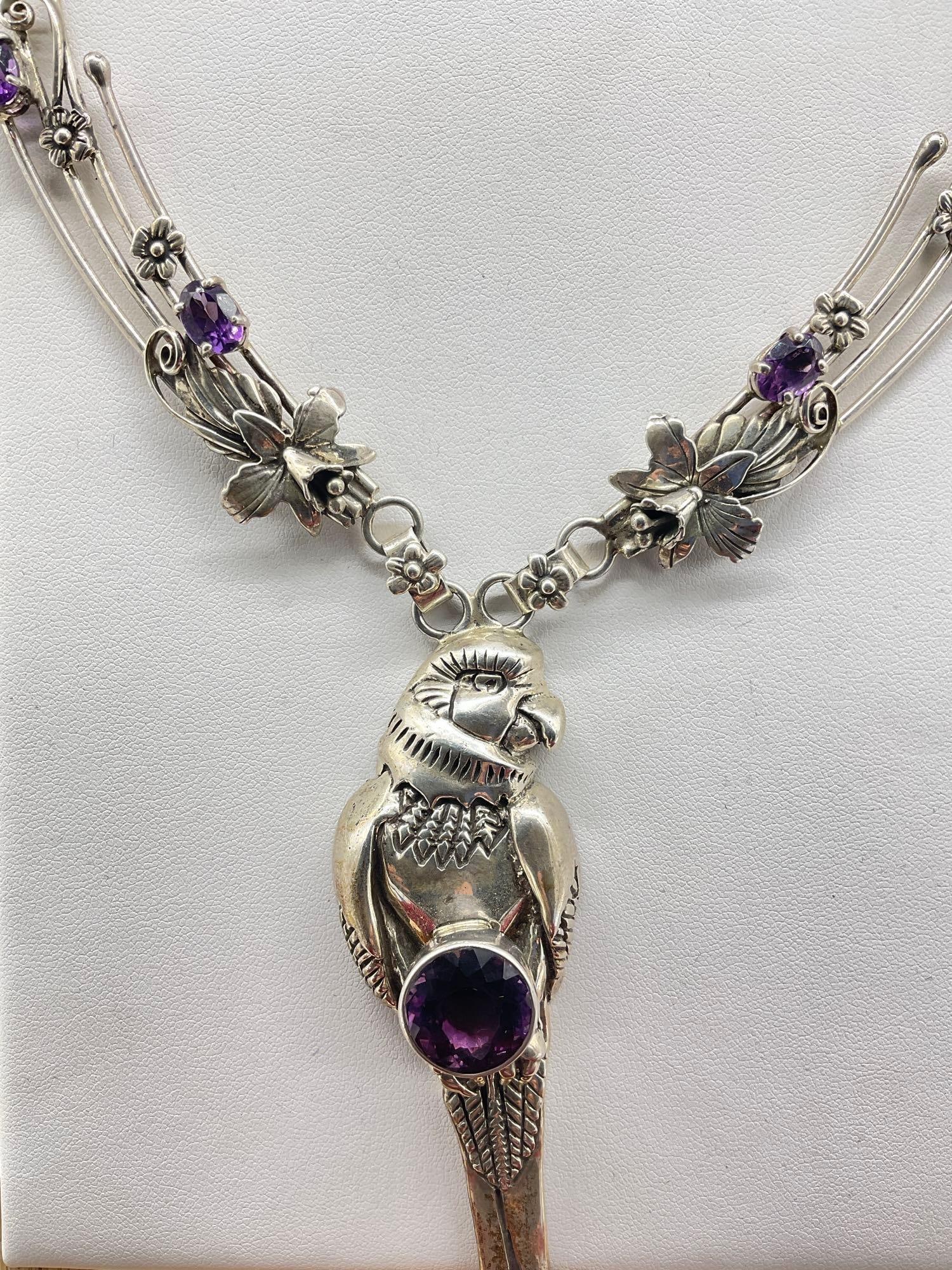 Sterling Silver Carol Felly Created SW Native Style Bib necklace w/ Parrot, Floral Theme w/ ameth... - 2