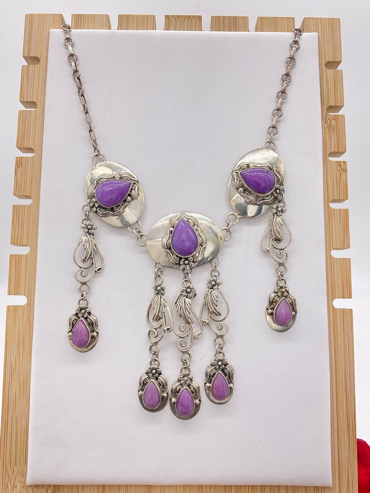 Stunning Signed CF Vintage Sterling Silver Festoon Style Necklace w/Lavender Tear Drop Cabochons: 71.62 grams Signed CF 1990 By Famous Silversmith and Jeweler Carol Felly, Albuquerque NM. Most likely Purple Chalcendony Cabochons 