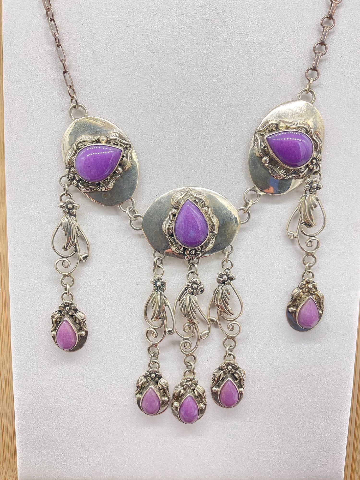 Stunning Signed CF Vintage Sterling Silver Festoon Style Necklace w/Lavender Tear Drop Cabochons - 2