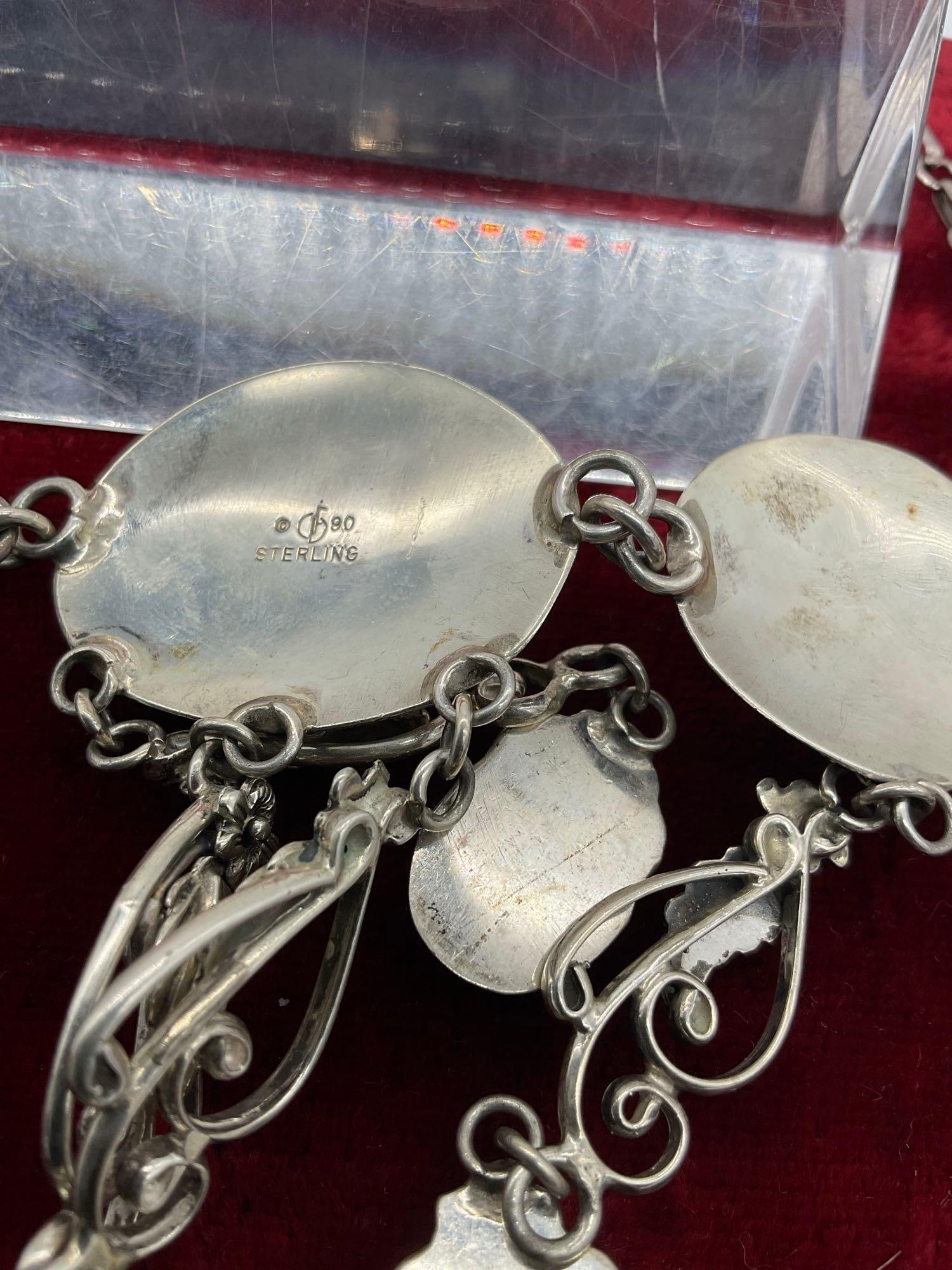 Stunning Signed CF Vintage Sterling Silver Festoon Style Necklace w/Lavender Tear Drop Cabochons - 4