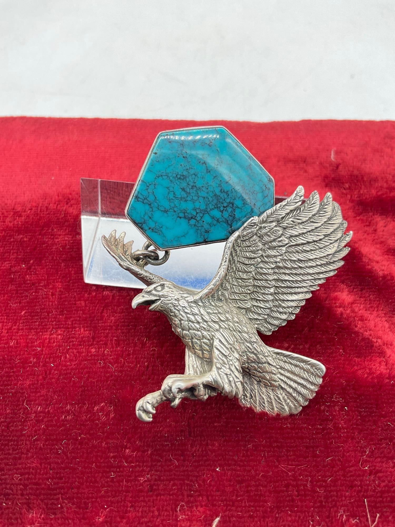 Signed SW Native Sterling Silver Designed Eagle & Turquoise combo Pendant/ Brooch: 37.27 Grams 2.5" x 2" Signature is hard to read But We believe this is also A Carol Felly Creation 