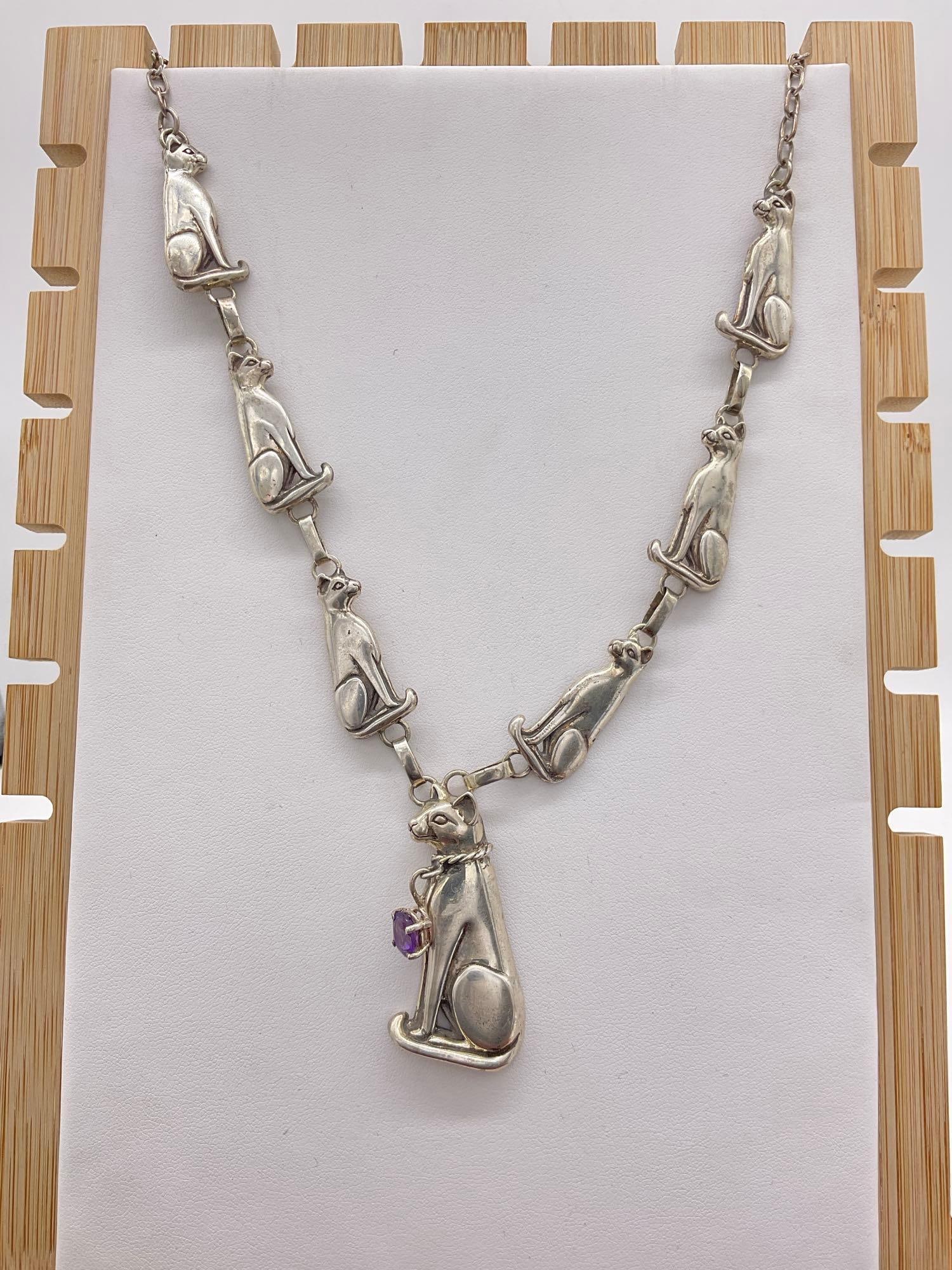 Signed CF Sterling Silver Cat themed Bib Style Necklace & Cat pendant w/ Amethyst Stone: 40.56 Grams 16" necklace w/ 2" Pendant 1989 Carol Felly Creation 