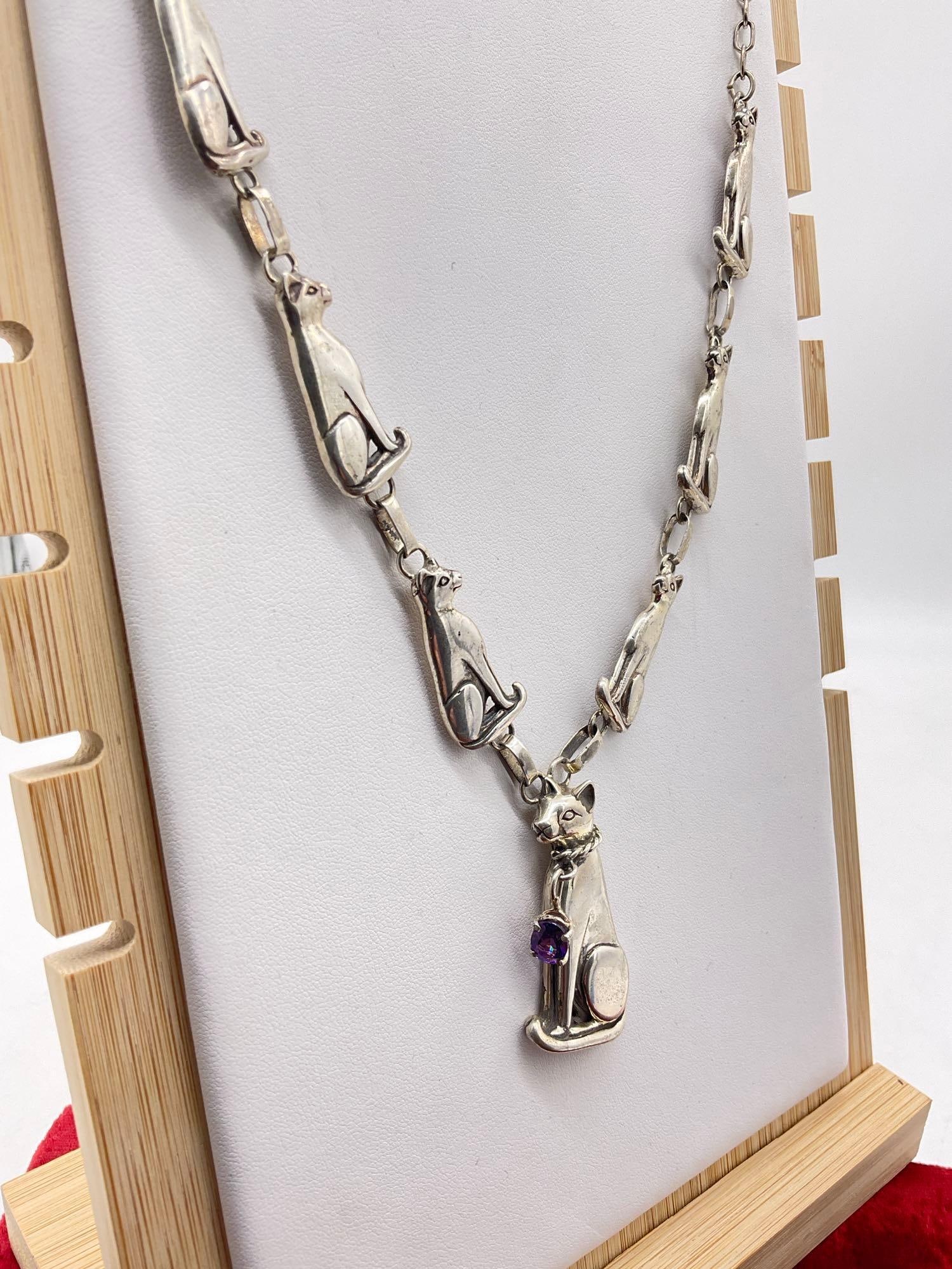Signed CF Sterling Silver Cat themed Bib Style Necklace & Cat pendant w/ Amethyst Stone - 2