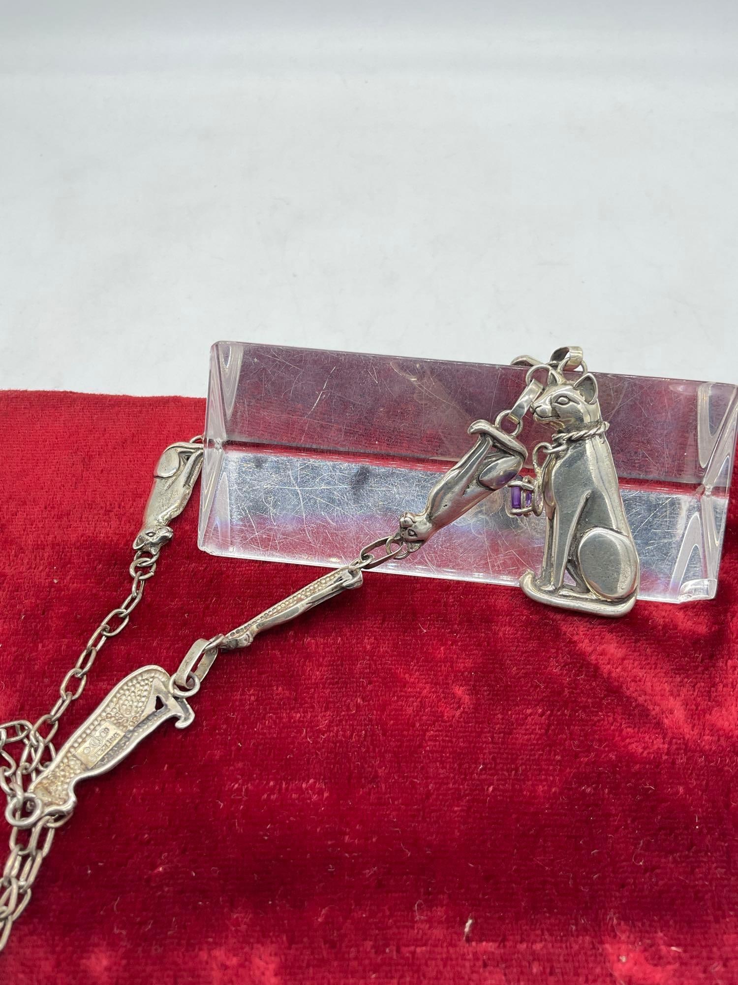 Signed CF Sterling Silver Cat themed Bib Style Necklace & Cat pendant w/ Amethyst Stone - 3